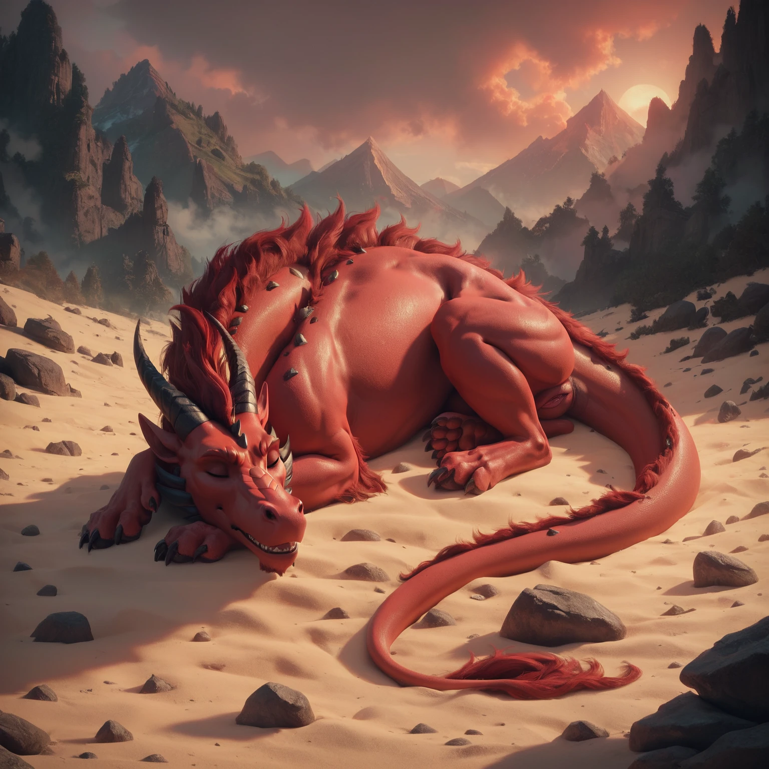 red dragon, red theme, sand, black craggy mountains, black stones, desolate landscape, curled up, sleeping, mountain, setting sun, <lora:ponyfire:1>, elementalplanefire, red dragon, BREAK score_9, score_8_up, score_7_up, best quality, masterpiece, 4k, prefect lighting, very aesthetic, zPDXL2