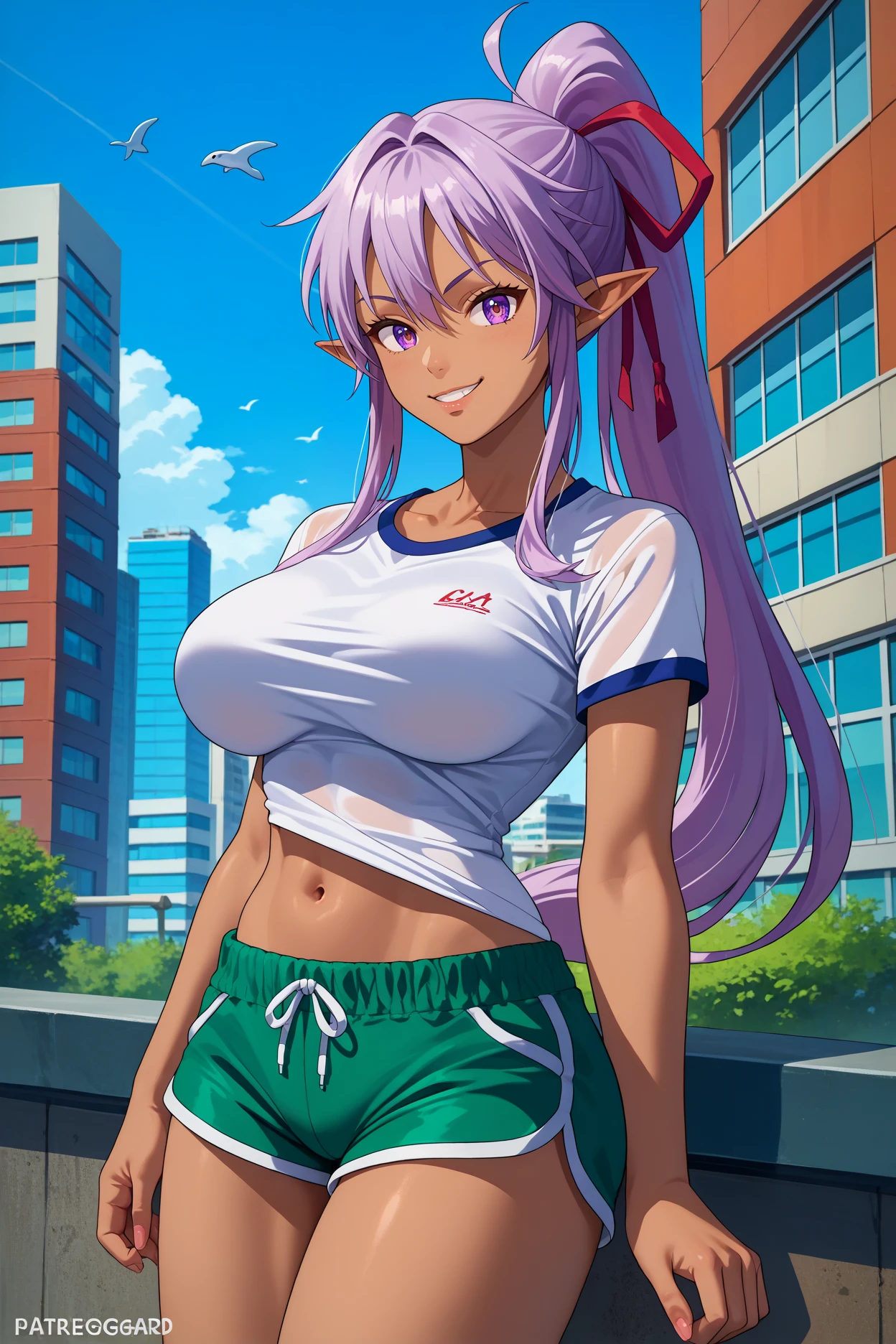 score_9, score_8_up, score_7_up, score_6_up, source_anime, 1girl, solo <lora:aishaudgard-pdxl-nvwls-v1:1> aisha udgard, dark-skinned female, high ponytail, lavender hair, purple eyes, pointy ears, hair ribbon, red ribbon, large breasts, grey t-shirt, dolphin shorts, green shorts, looking at you, fit, navel, smirk, city, blue sky