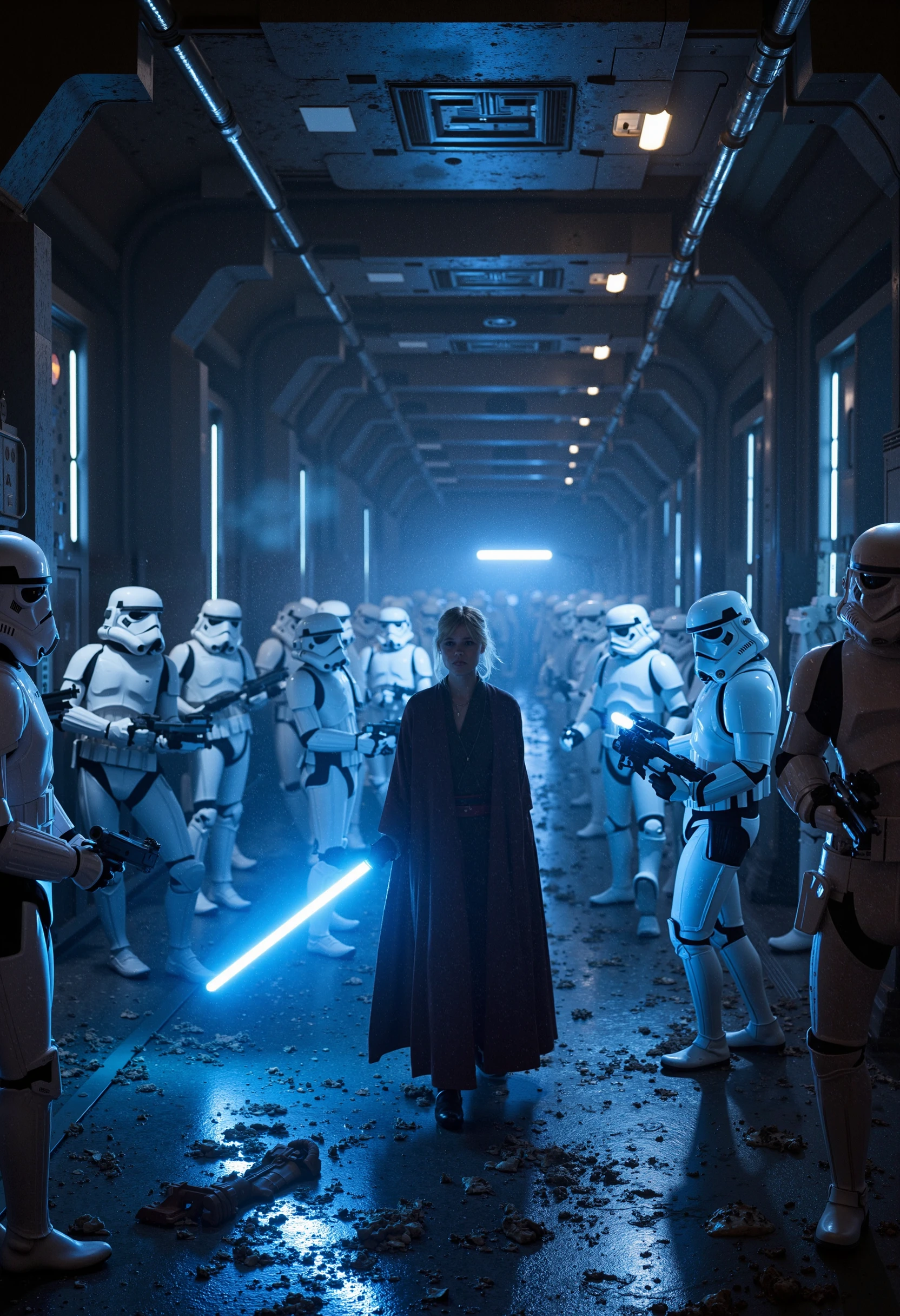 In a dimly lit, battle-scarred corridor of an Imperial starship, jennaortega, a fierce and determined Jedi Knight, stands at the center of the action. Her lightsaber, glowing a brilliant shade of blue, hums with energy as it deflects incoming blaster fire from a squad of stormtroopers.

The stormtroopers, clad in their iconic white armor, advance in tight formation, their blasters firing in a relentless barrage. jennaortega moves with a fluid grace, her Jedi robes flowing as she twists and turns, dodging shots and returning them with precise strikes of her saber. The corridor’s metallic walls reflect the flashes of light from the ongoing battle, casting shadows that dance with the movement of the combatants.

jennaortega’s expression is one of calm focus, her senses heightened by the Force. She uses her connection to the Force to anticipate the troopers' moves, sidestepping blaster bolts with ease. With a swift motion, she leaps into the air, her lightsaber spinning in a deadly arc, cutting through two stormtroopers in a single strike. She lands lightly on her feet, her saber held ready as she faces the remaining troopers.

Around her, the corridor is littered with the fallen bodies of stormtroopers, their once orderly ranks now in disarray. The sounds of battle echo through the ship—a mix of blaster fire, the hum of the lightsaber, and the distant alarms signaling the chaos jennaortega has brought to the heart of the Empire.

With a final push, she uses the Force to send a wave of energy down the corridor, knocking the remaining stormtroopers off their feet. She then charges forward, her lightsaber a blur of blue light, dispatching the last of her enemies with swift, precise strikes. As the last stormtrooper falls, jennaortega deactivates her saber, the corridor falling into a tense, quiet stillness. She stands victorious, breathing steadily, her gaze already focused on the next challenge that lies ahead.