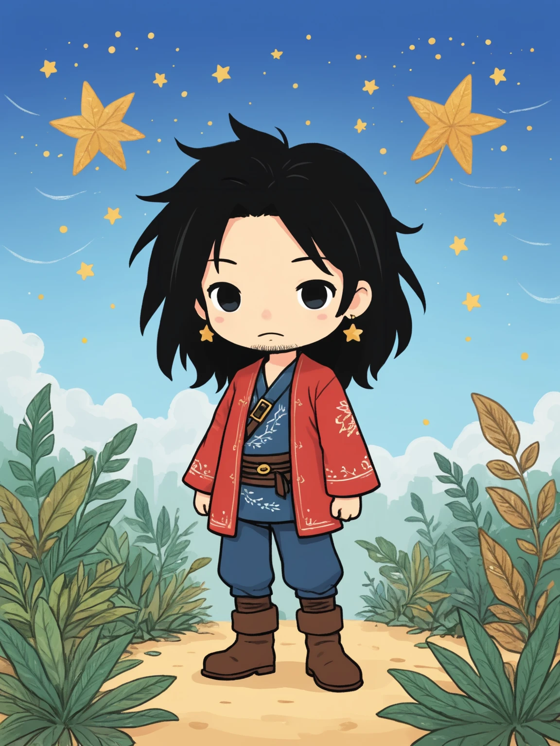 ,hunfg,1boy,solo,male focus,bandana,black hair,earrings,long hair,jewelry,facial hair,long sleeves,chibi,boots,standing,full body,stbejing,leaf,plant,traditional media,sky,star \(sky\),cloud,<lora:wwm828:0.7>