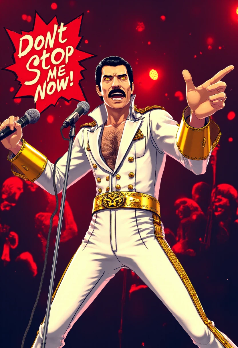 p5style, Freddie Mercury in a white outfit, singing on stage. pop punk background with text: "Don't stop me now!"  