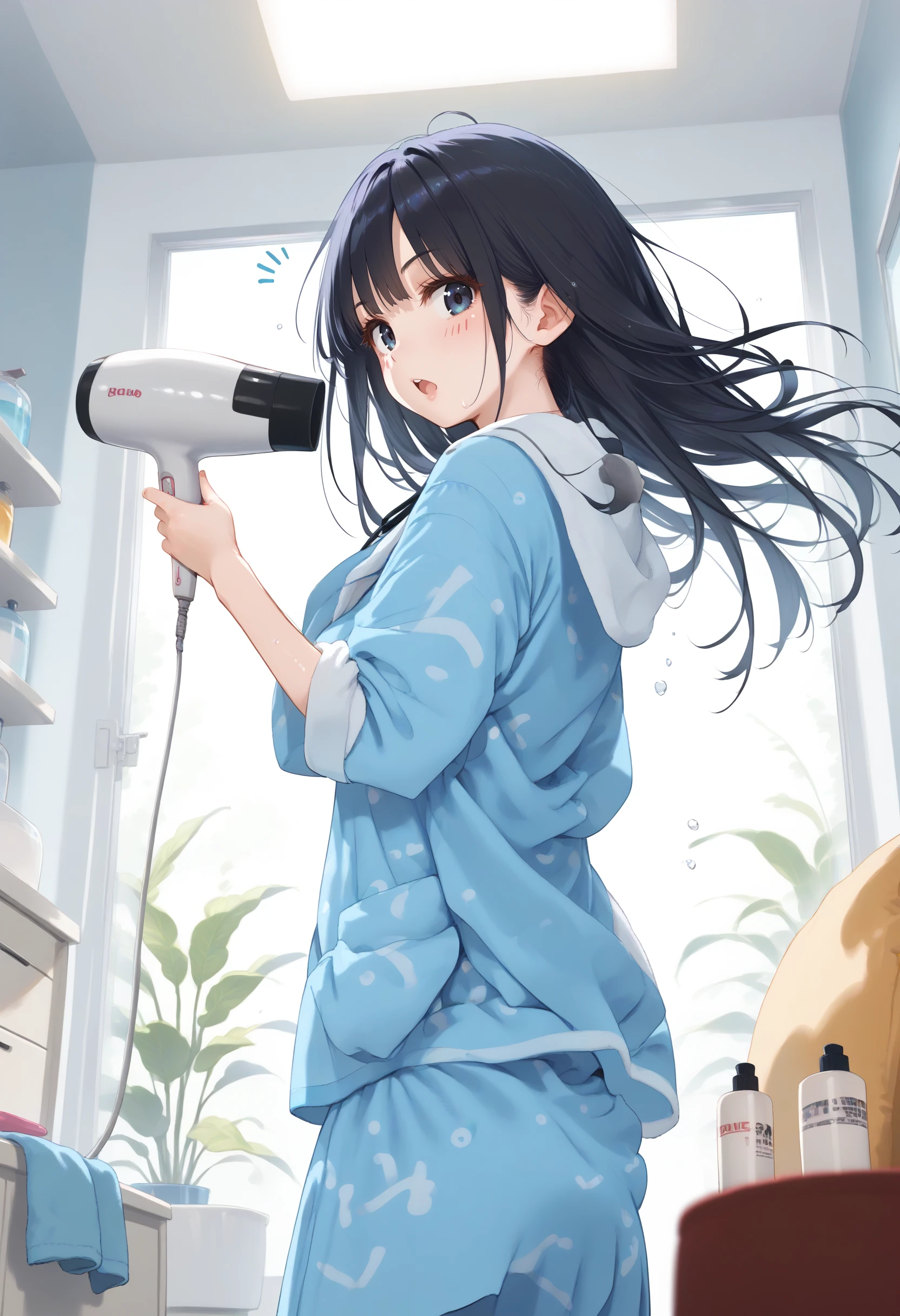 score_9, score_8_up, score_7_up, source_anime,
1girl,solo,medium breasts,
hair dryer,drying hair,pajamas, wet hair ,floating hair,wind, after bathing,hand in own hair ,indoors,<lora:hairdryer_Pony_v1:0.8>
ceiling, feet out of frame, looking back, black hair, black eyes,anger vein, open mouth, twintails hair,