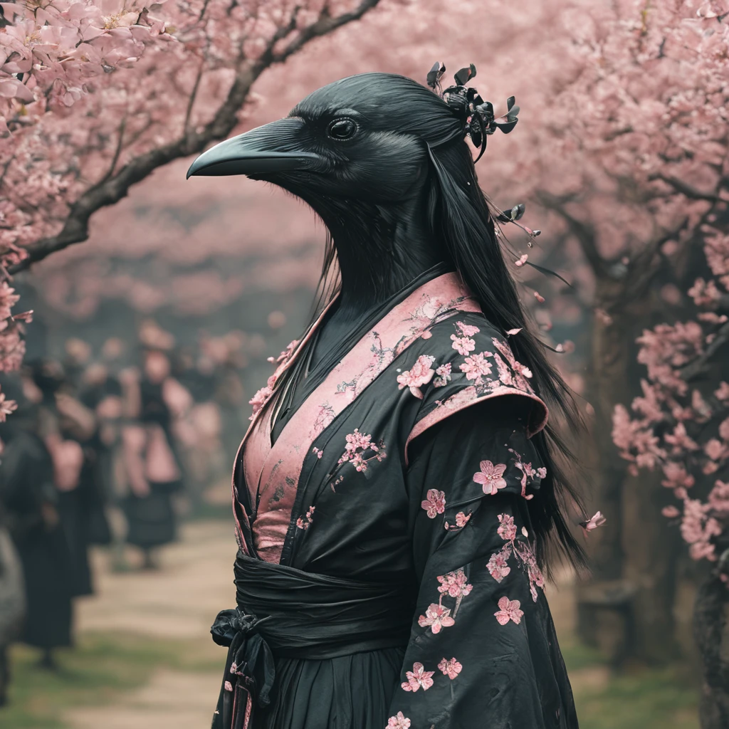 Corvidfolk, cherry blossoms, dancer, beautiful