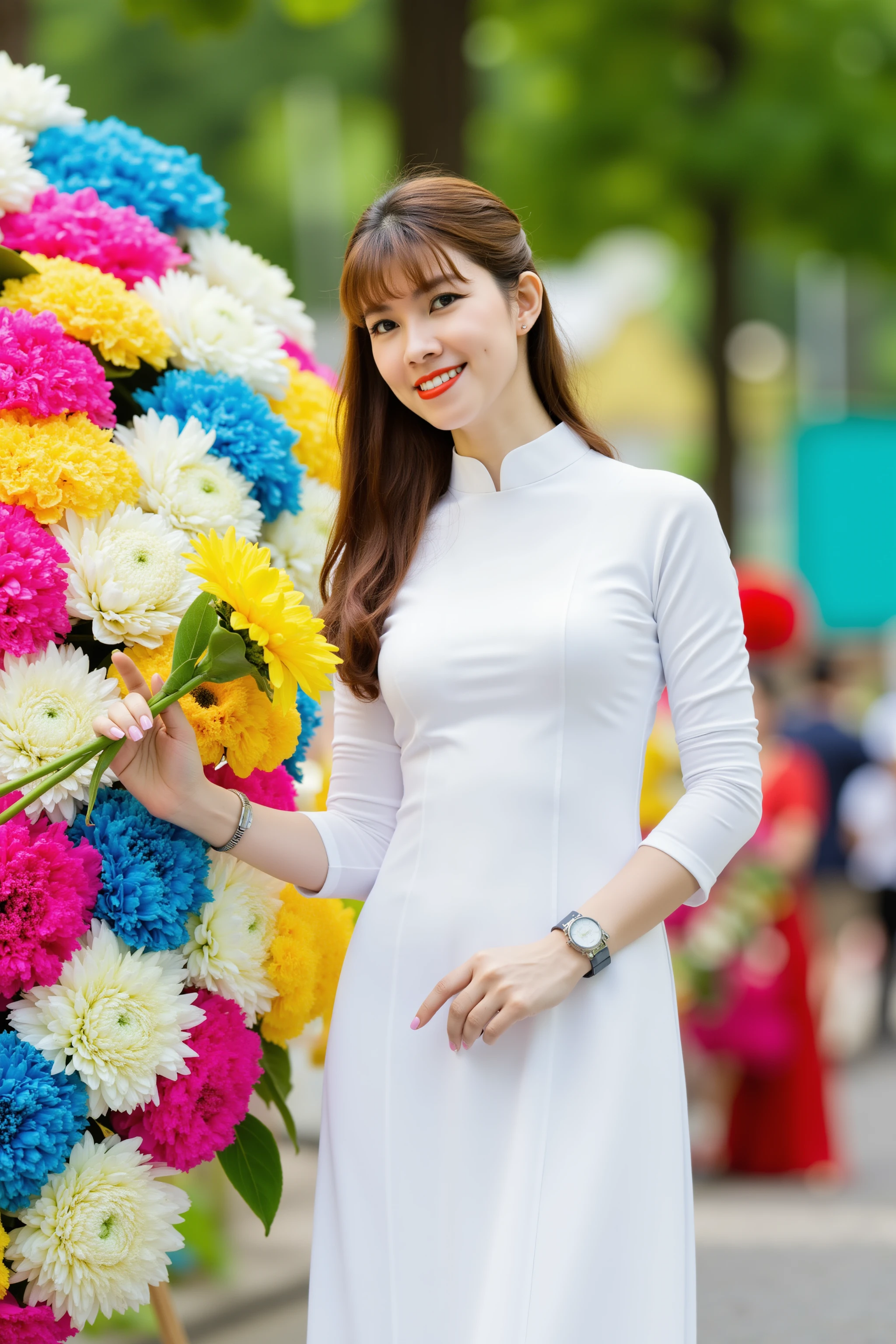 HanoiGirl, aodai, a young woman wearing a white traditional Vietnamese dress. she held a bouquet of colorful flowers. She is standing in front of a large bouquet of colorful flowers. The woman is relaxed mood with closed mouth and looking at the camera. The bouquet is made up of different types of flowers in shades of pink, blue, yellow, and white. The background is blurred, but it appears to be an outdoor setting with trees and people visible. The overall mood of the image is cheerful and vibrant.