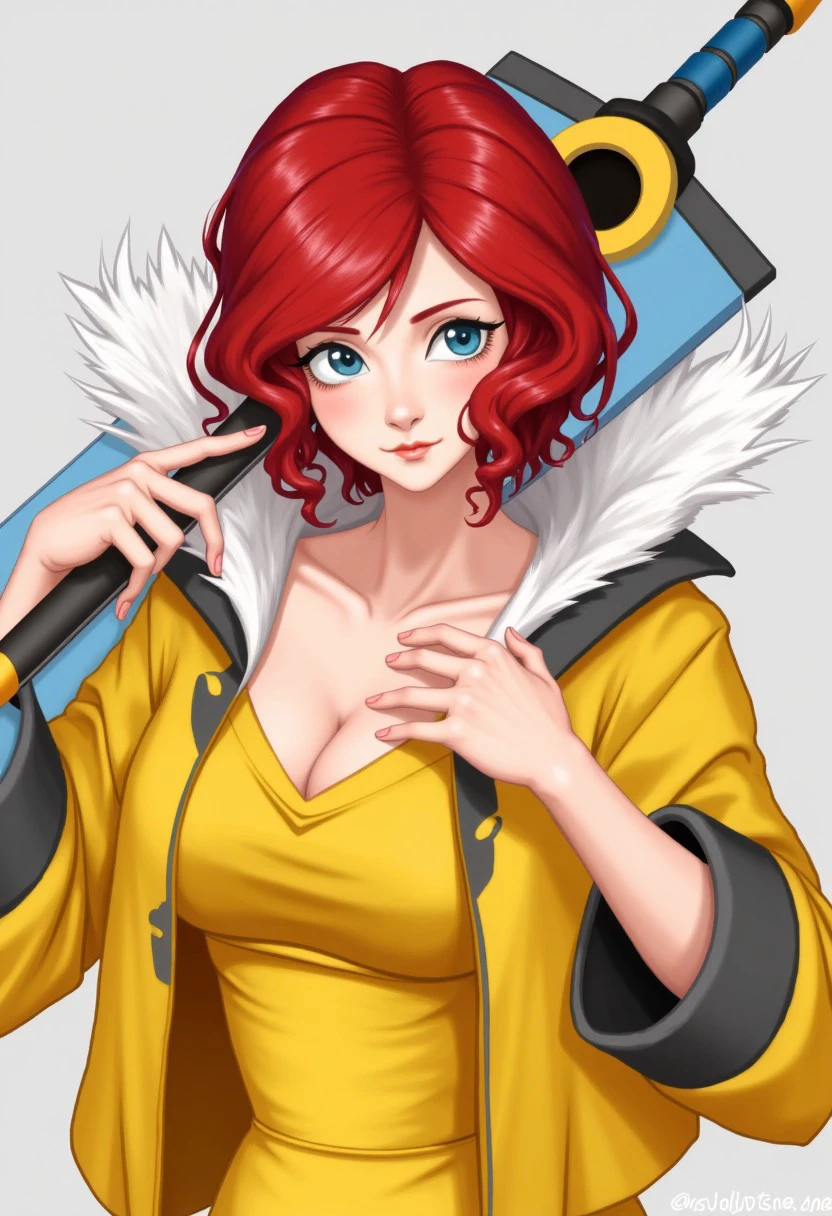 realistic, detailed, female with red hair and blue eyes wearing yellow dress and jacket, fur trim, tr4nsist0r, looking at viewer, holding weapon tech sword, sword