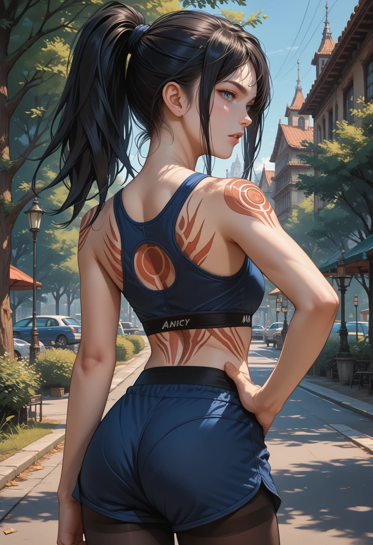 score_9, score_8_up, score_7_up, source_anime, 1girl, cowboy shot, from behind, looking back, parted lips, hand on own hip, <lora:ShanoaCV-pdxl:1> shanCV, ponytail, black hair, blue eyes, bare shoulders, tattoo, back tattoo, medium breasts, sports bra, blue shorts, black pantyhose, park