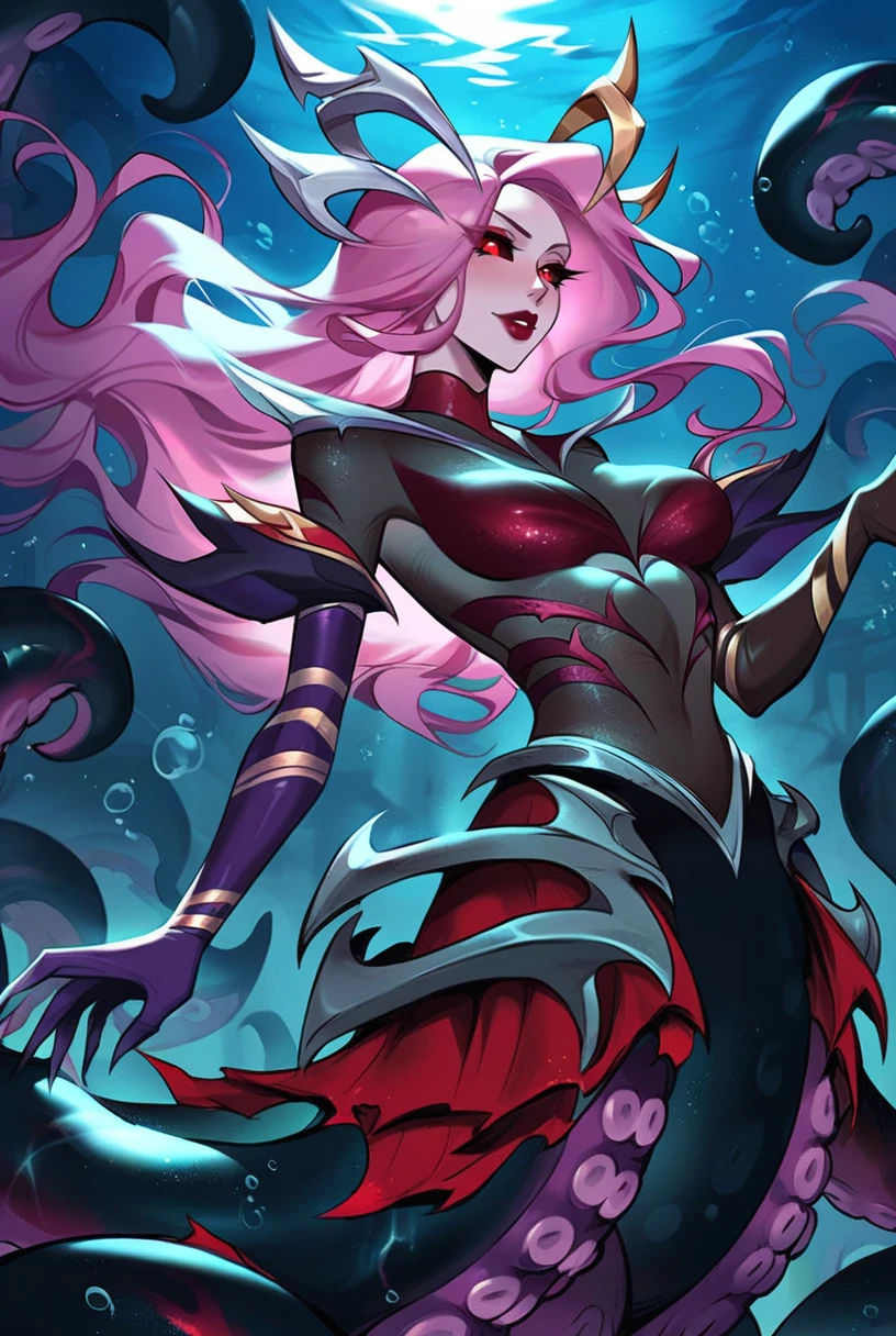 score_9, score_8_up, score_7_up, c0venn4mi, coven nami, 1girl, monster girl, red eyes, colored sclera, black sclera, (tentacles:1.2), bodysuit, long hair, pink hair, red lips, makeup, gloves, elbow gloves, 
<lora:Manwha_Anime_Style:0.65>, underwater, bubble, water, solo, ((night)), full body, ((octopus girl, scylla)), <lora:Nami_Coven_v2:0.95>, looking away, manhwastyle, backlight