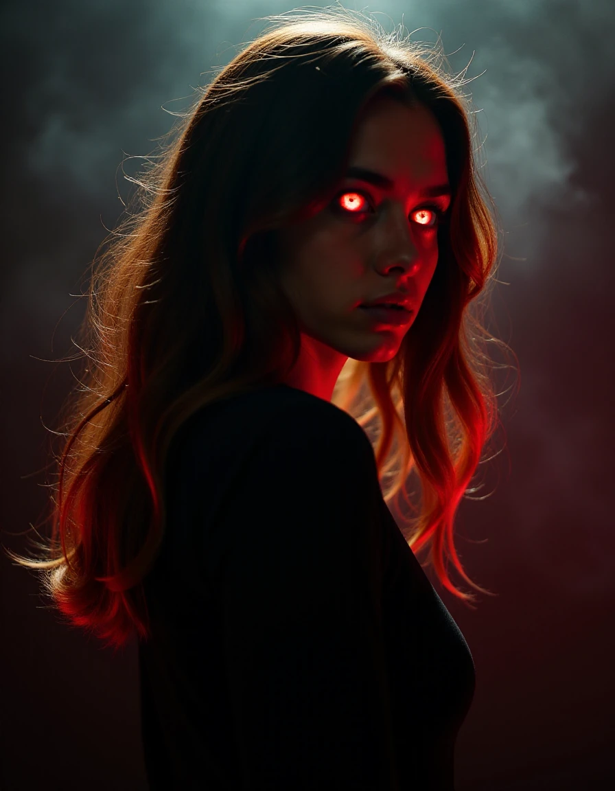 1girl, long hair, low light, dramatic lighting, darkness, eye lighting, smoke, red light, shallow depth of field, vignette, highly detailed, high budget, bokeh, cinemascope, moody, epic, gorgeous, film grain, grainy