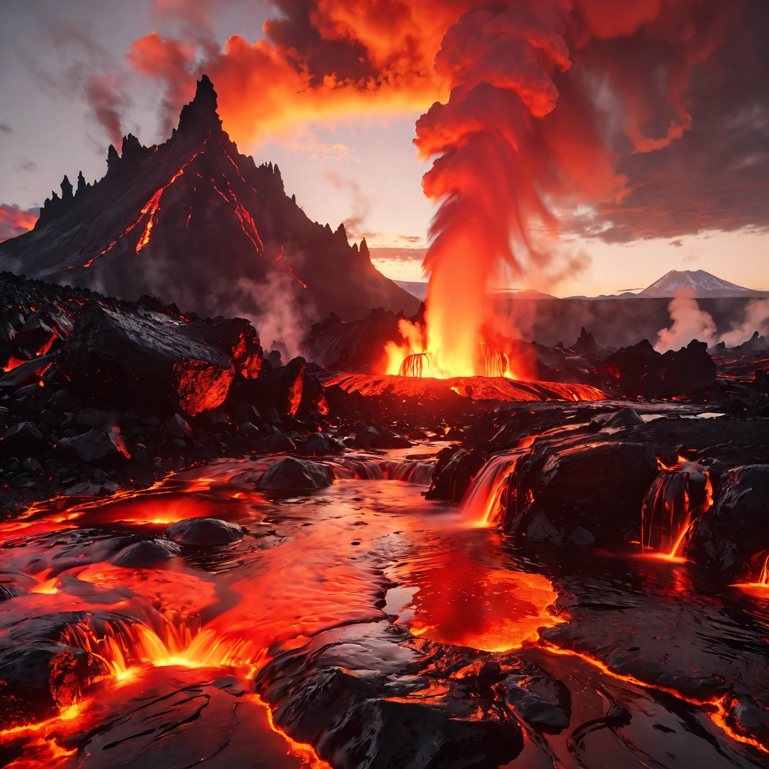 lava, lava geyser, red theme, setting sun, craggy black mountains, black rocks, desolate landscape, <lora:fireSDXL:1>, elementalplanefire, best quality, masterpiece, 4k, uncensored, prefect lighting, rating_explicit, very aesthetic, detailed, <lora:add_details_xl:0.6>, very detailed, <lora:SDXLHighDetail_v5:0.6>