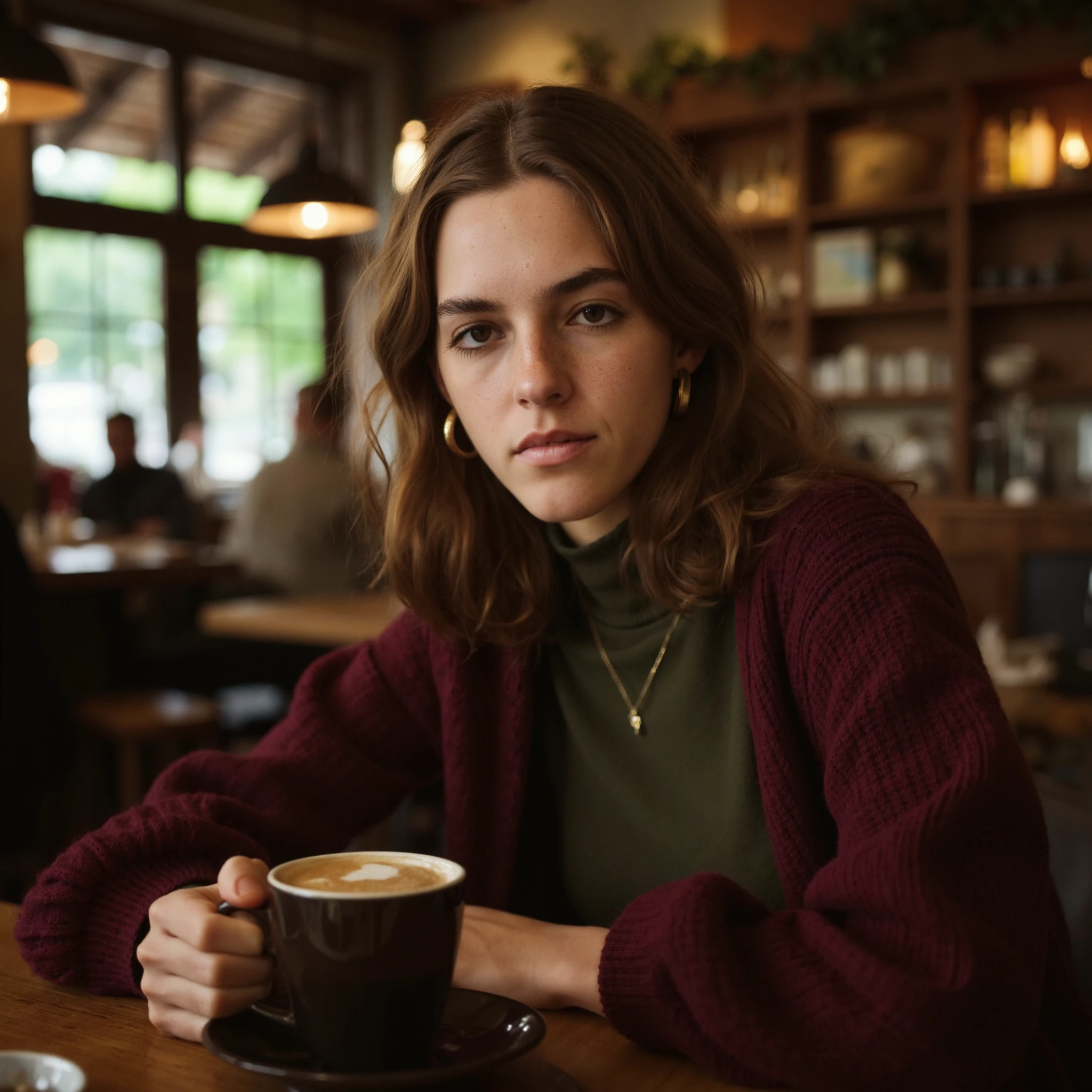 Create a detailed, close-up portrait of emfeld sitting in a cozy, dimly lit coffee shop. She is shown from the chest up, with a warm and inviting expression on her face. Her eyes are the focal point of the image, making direct eye contact with the viewer and conveying a sense of warmth, love, and connection. She is wearing a comfortable, oversized sweater in a rich, warm color, such as burgundy or deep green, which complements her skin tone and adds a touch of sophistication to the casual setting. In one hand, she holds a steaming cup of coffee, with the other resting gently on the table. The background of the image should feature the warm, inviting ambiance of the coffee shop, with soft lighting, warm wood tones, and the subtle movement and sounds of other patrons and baristas going about their business. The overall mood of the image should be one of comfort, intimacy, and connection <lora:flux_realism_lora><lora:EmilyFeldFlux_V1>