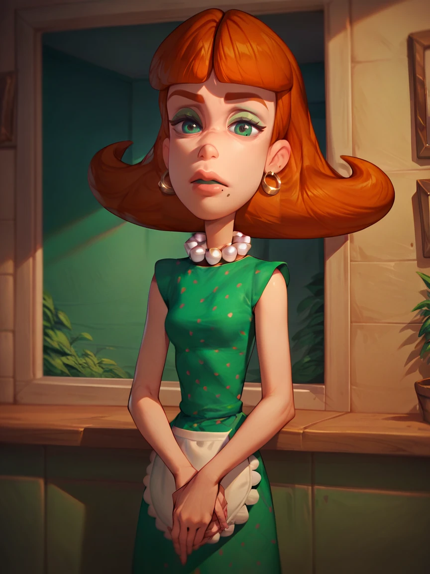 score_9, score_8_up, score_7_up, score_6_up, score_5_up,  <lora:judyneutronXLP:1> judy neutron, 1girl, green eyes, solo, orange hair, mole under mouth, green dress, apron, pearl necklace