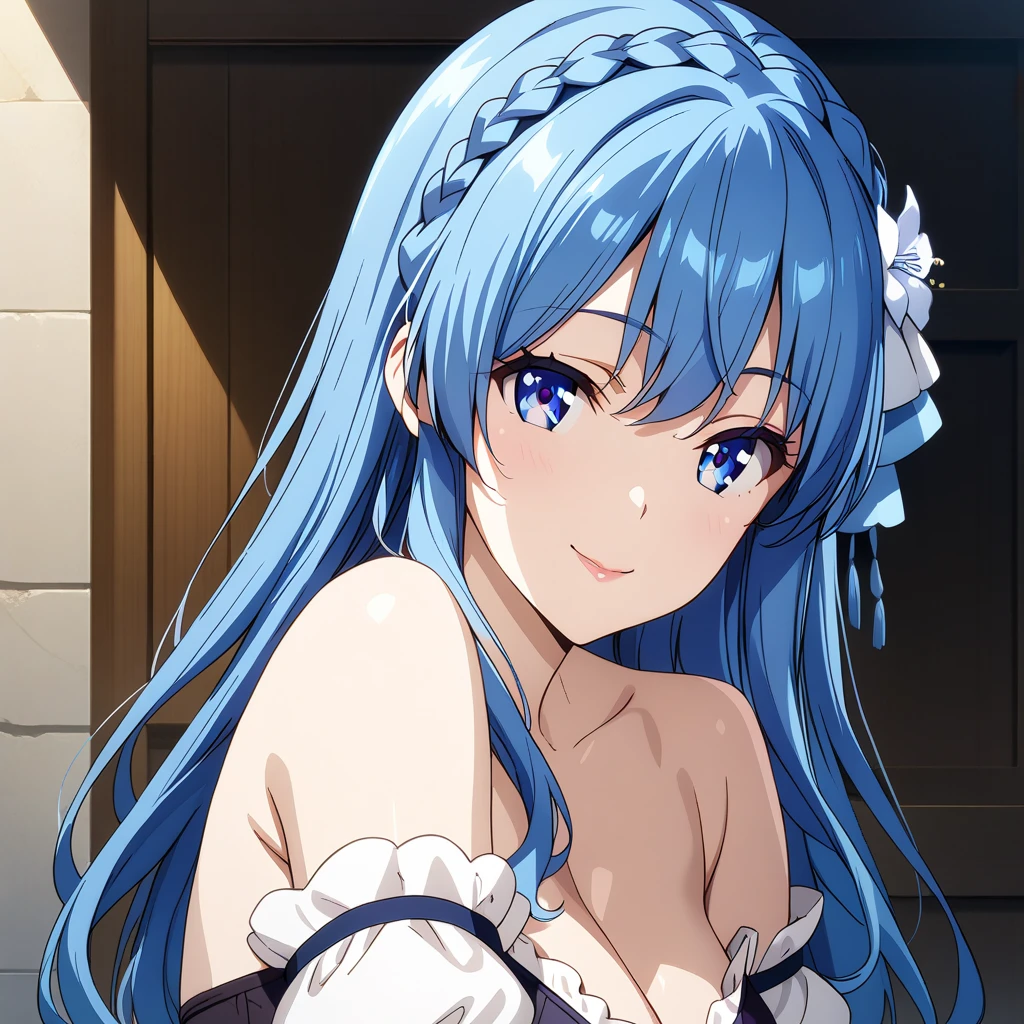 juna_doma, 1girl, blue hair, blue eyes, seductive smile, solo, crown braid, braid, long hair, looking at viewer, hair ornament, portrait, hair flower, flower, closed mouth, bare shoulders, ;) anime coloring,  <lora:XL-JunaDoma:1>, (masterpiece),(best quality),(ultra-detailed),(best illustration),(best shadow),(absurdres),(detailed background),(very aesthetic),