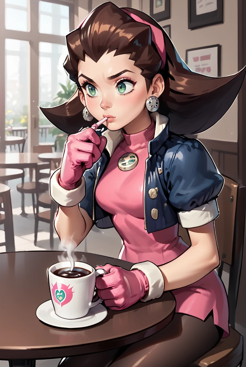 score_9, score_8_up, score_8,  <lora:Tron_Bonne_Mega_Man_Legends_for_PonyXL:0.9> 1girl, tr0n, brown hair, jewelry, earrings, solo, green eyes, pink hairband, gloves, cropped jacket, pink gloves, pantyhose, 
cafe, sitting at table, drinking coffee,