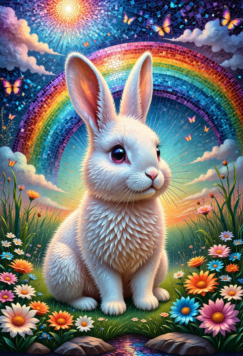 mosaic style, mosaic tiles,A fluffy bunny sitting on a rainbow