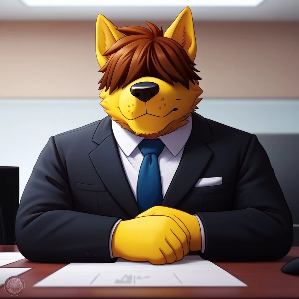 cartoon, man, furry, furry male, solo, fat, no eyes, hair covering her eyes, animal ears, dog body, dog ears, yellow skin, chin on the double chin, sitting at a desk in a modern office, reviewing documents. He has one hand on his chin, in a reflective posture, with a serious look, wearing a dark-colored suit, with a white shirt and a tie. The suit is well-fitting, and although his appearance is more formal, detail background, 4k, masterpiece, best quality, highly detailed, ofice background, side angle