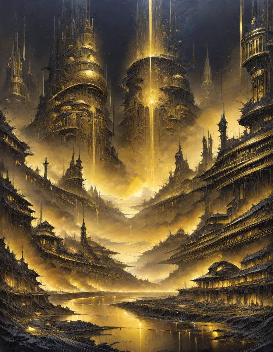 golden-darkness,masterpiece, professional artwork, oil painting, breathtaking landscape, background focus, a futuristic  town  in the style of a mix of utopian and transhumanism with intricate detail in the style of Ian Miller ,<lora:Golden_Darkness_Style_SDXL:0.8>