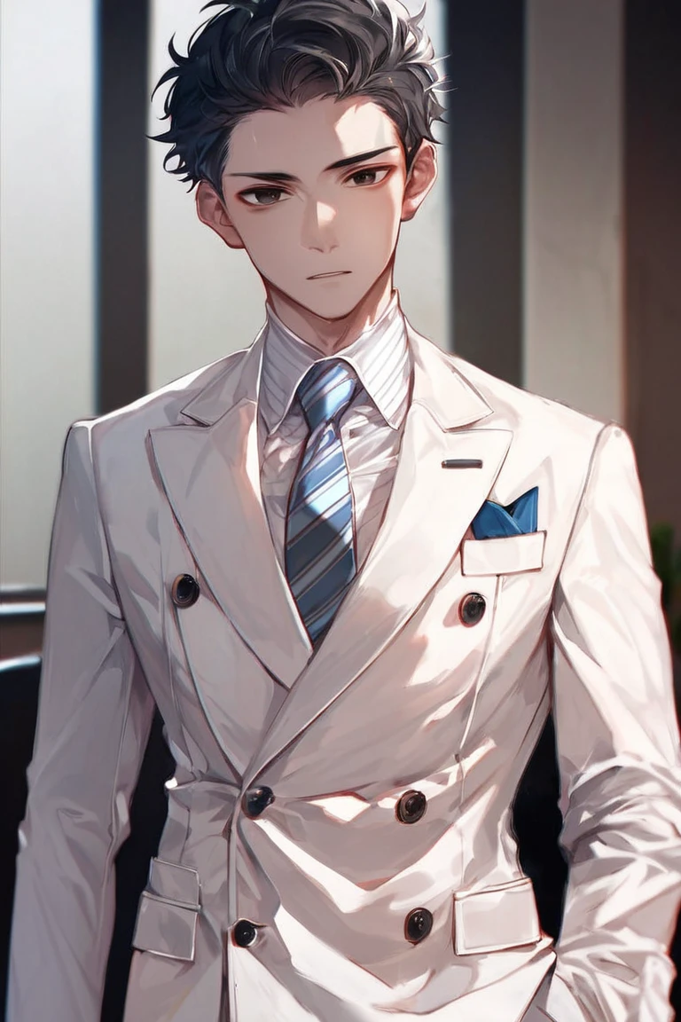 score_9, score_8_up, score_7_up, score_6_up, source_anime, double-breasted suits, 1boy, male focus, formal, necktie, solo, suit, looking at viewer, black hair, indoors, black eyes, short hair, coat, shirt, blue necktie, white shirt, closed mouth, standing, striped necktie, upper body, collared shirt