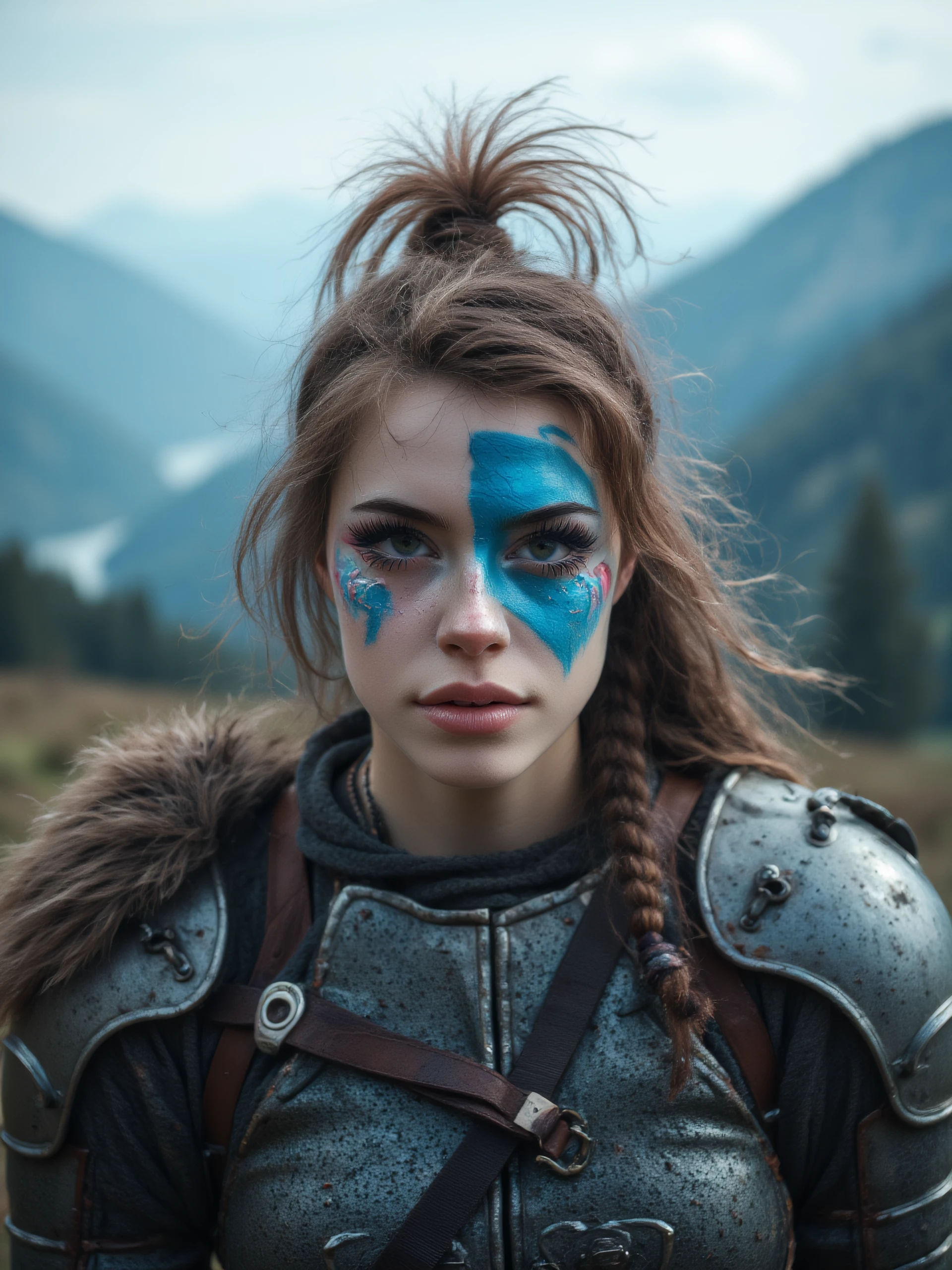 hnnhw woman adorned in viking warrior armor. her face is painted with blue war paint. she stairs intensely at the viewer. portrait. the background is bokah of highland mountains.