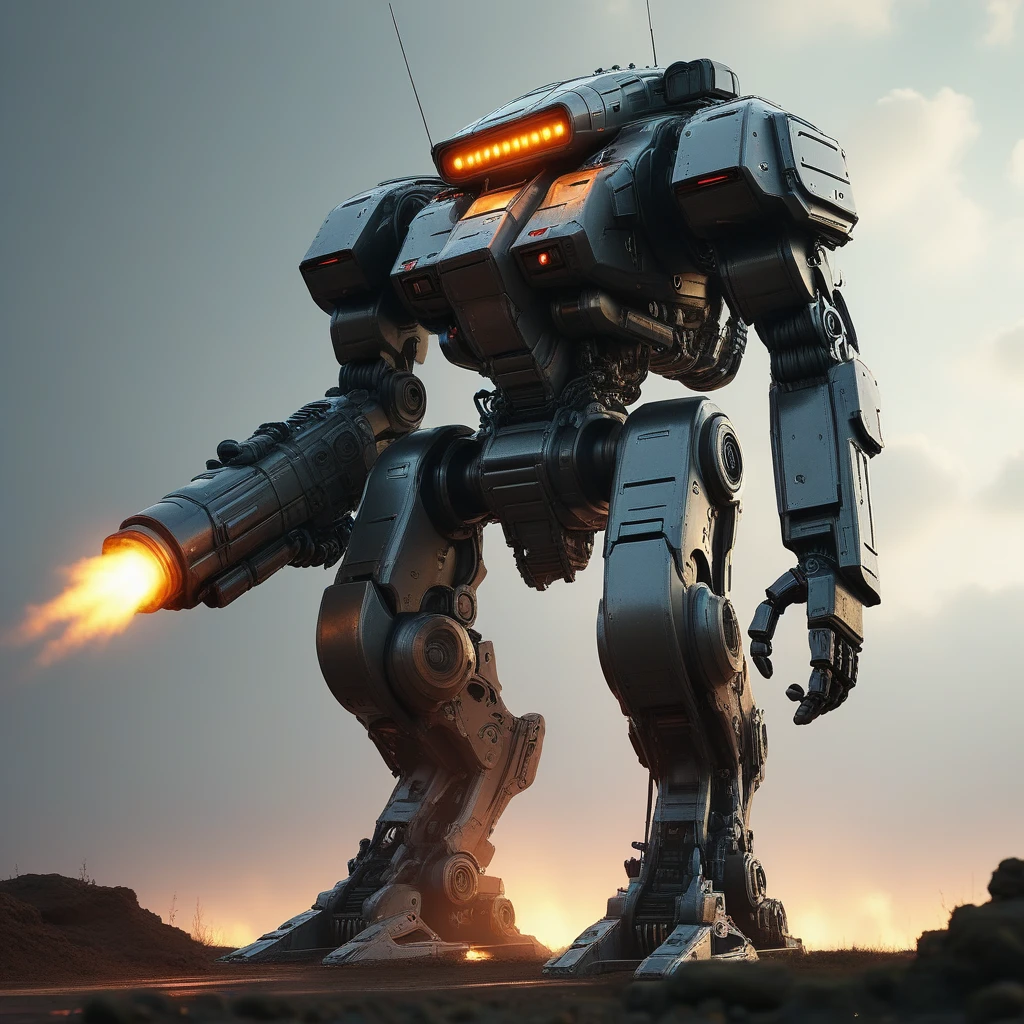 wide shot of a giant robot with a lot of lights on it, wojtek fus, giant mech, by Ludwik Konarzewski Jr, mega humanoid mech, sci-fi mech, symmetrical dieselpunk warrior, highly realistic concept art, deep cyberpunk mechanoid, painterly humanoid mecha, greg rutkowski octane render, cinematic volumetric lighting, wide shot with Sony Fx6