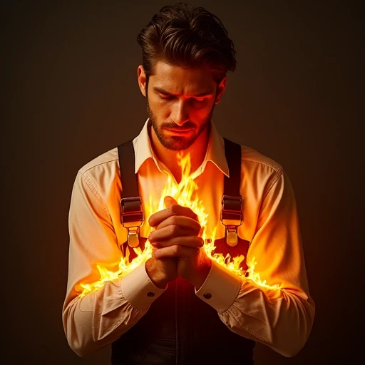 facing_straight_ahead, clasped_hands, simple_background, embers, view_from_top, overalls, burning, closed_mouth, beating_the_chest, front_right, pyrokinesis, mouth_slightly_open, facial_hair