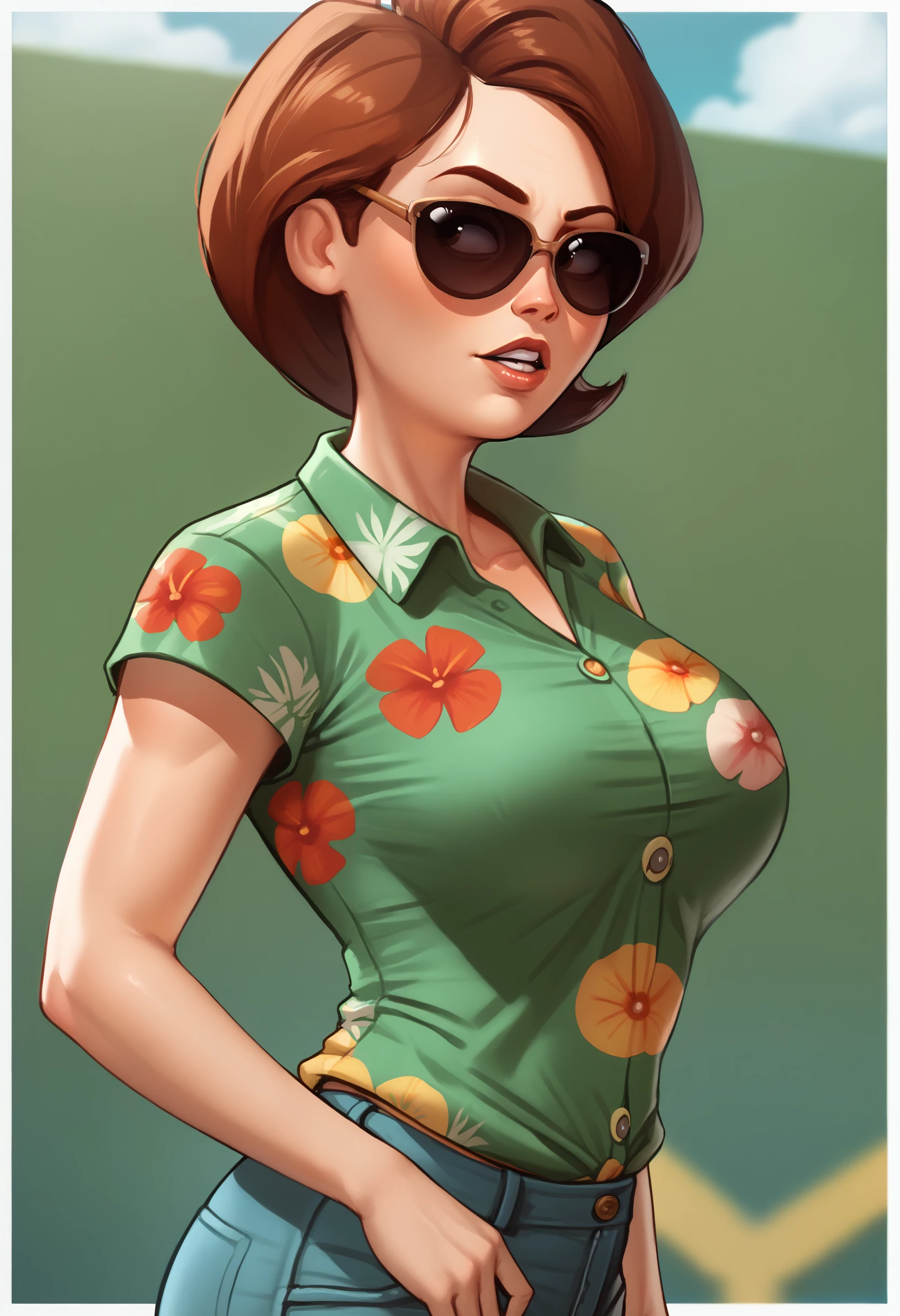 score_9, score_7_up, <lora:porcoro-guy-PONY-DORAv1:1>, 1girl, solo, (helen parr):0.8, mature female, large breasts, portrait, depth of field, hawaiian shirt, sunglasses, denim, presenting, looking to the side, parted lips