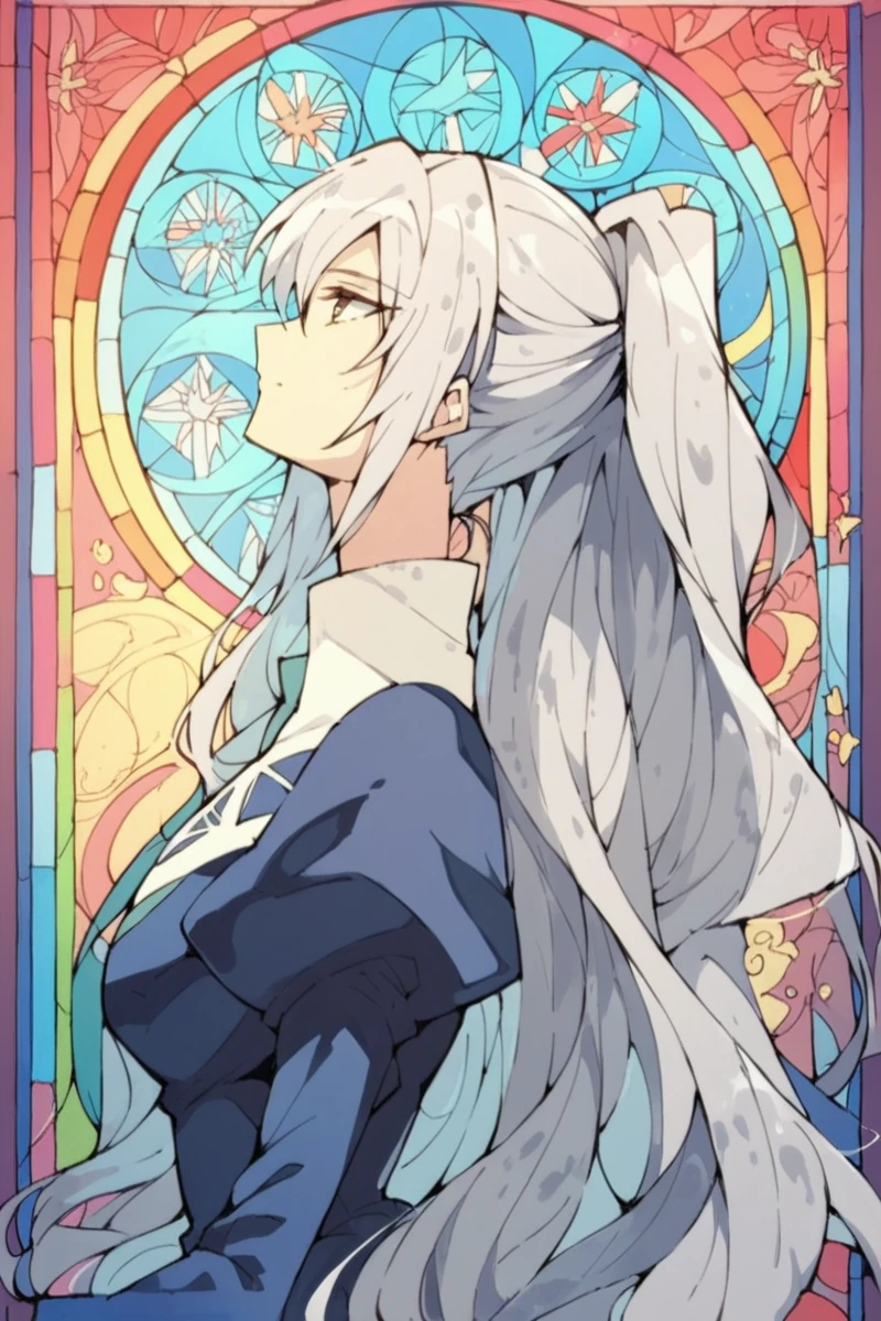 score_9, score_8_up, score_7_up, score_6_up,
 <lora:Shizuma_Hanazono:1> shizuma, 1girl, stained glass, solo, long hair, ponytail, grey hair, profile, long sleeves, puffy sleeves, juliet sleeves, dress, from side, miator