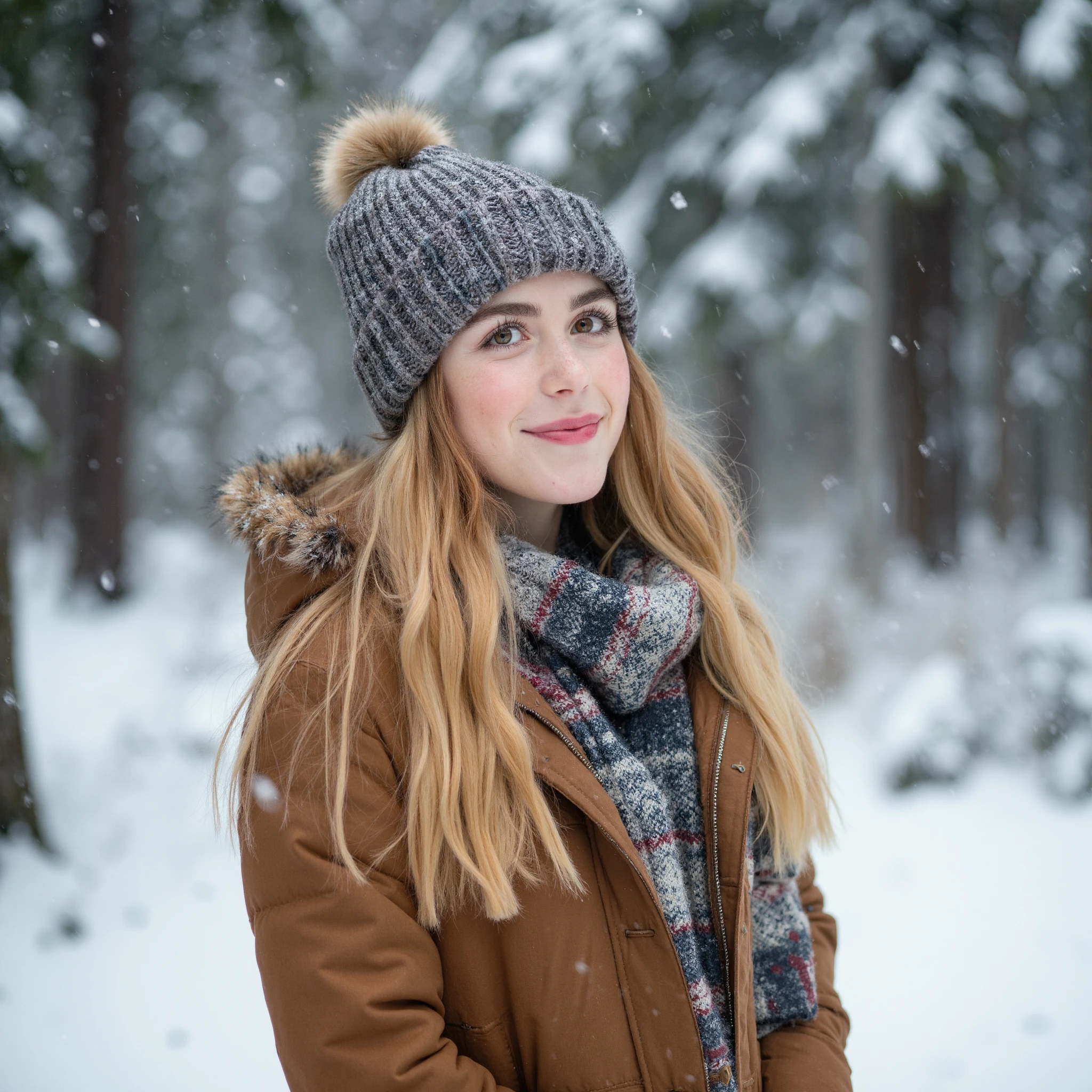 serene portrait of kieshipka, a young woman standing amidst a wintry forest during a heavy snowfall. The scene captures the quiet beauty of winter, with large snowflakes gently falling around her, covering the ground and the trees in a thick, soft blanket of snow. she is dressed warmly for the cold weather, wearing a cozy bobble hat that fits snugly over her long, blonde hair. The hat is knitted and features a fluffy pom-pom on top, adding a touch of charm to her winter attire. A thick, woolen scarf is wrapped around her neck, its soft material providing warmth and comfort against the chill. The scarf's color contrasts nicely with the snowy environment, standing out in the otherwise muted color palette of the scene. Her expression is peaceful and content, Her cheeks are slightly flushed from the cold, adding a natural warmth to her complexion. The snowflakes catch in her hair and on her clothing, glistening softly in the diffused light. The background is a picturesque winter forest, with tall trees towering above, their branches heavy with fresh snow. The snowfall is steady and thick, creating a dreamy, almost magical atmosphere as the snowflakes swirl gently through the air. The ground is completely covered in snow, and the footprints she has made are just barely visible, adding to the sense of stillness and quiet in the scene. The lighting is soft and natural, typical of a snowy day, with the overcast sky casting a gentle, even light that enhances the serene mood of the portrait. The overall color palette is dominated by cool whites and soft greys, with the bright colors of her bobble hat and scarf providing a subtle yet vibrant contrast. The overall mood of the portrait is peaceful and serene, capturing kieshipka in a moment of quiet reflection amidst the beauty of a wintery forest. The combination of her warm winter attire, the heavy snowfall, and the tranquil forest setting creates a calm and picturesque image that evokes the crisp, refreshing feel of a snowy day<lora:flux_realism_lora><lora:KiernanShipkaFlux_V1>