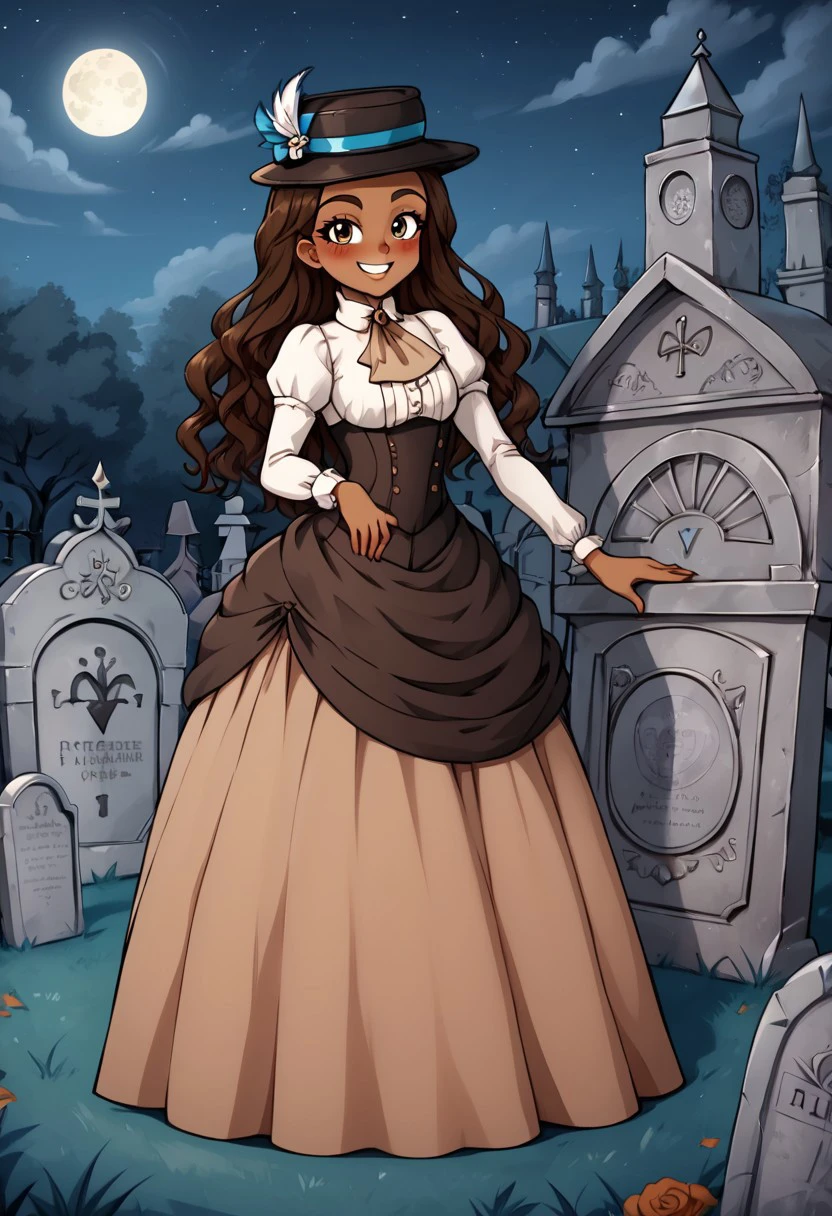 high definition franimel, dress, long hair untill hips, brown skin, brown eyes, blush, hat, dramatic illumination, full body, victorian graveyard, standing aside a tombstone, detailed background, night, playing with hair, cute smile, look at viewer