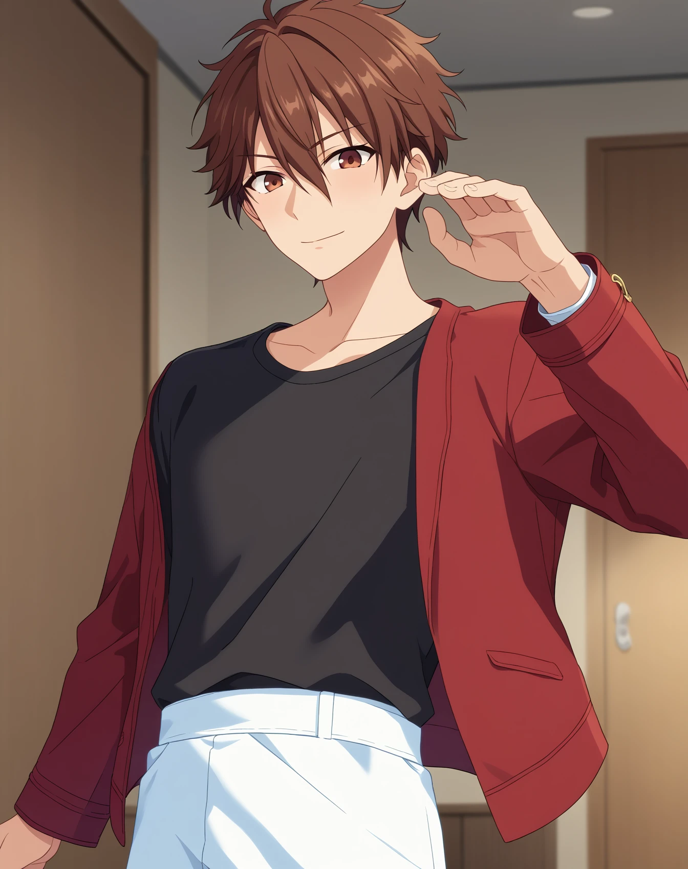 score_9, score_8_up, score_7_up, source_anime, anime screencap, depth of field, rating_safe, BREAK,
1boy, solo, yaoi, male focus,
looking at viewer, cowboy shot, facing viewer,
<lora:morisawa_chiaki_pony:1> morisawa_chiaki_pony, brown hair, brown eyes, short hair, hair between eyes, bangs,
indoors, <lora:age_slider_v4:1.75>