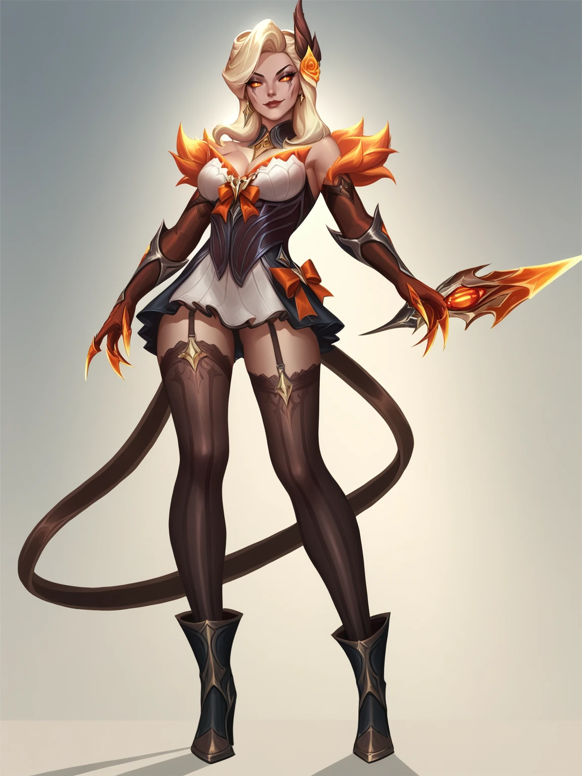 score_9, score_8_up, score_7_up, BREAK, EvelynnHighNoon, 1girl, Solo, blond hair, hair decoration, black makeup, facial marks, necklace, short dress with orange fur, long gloves, mitts, orange claws, black pantyhose, black shoes, two demonic tails, smirk  <lora:EvelynnHN:1>