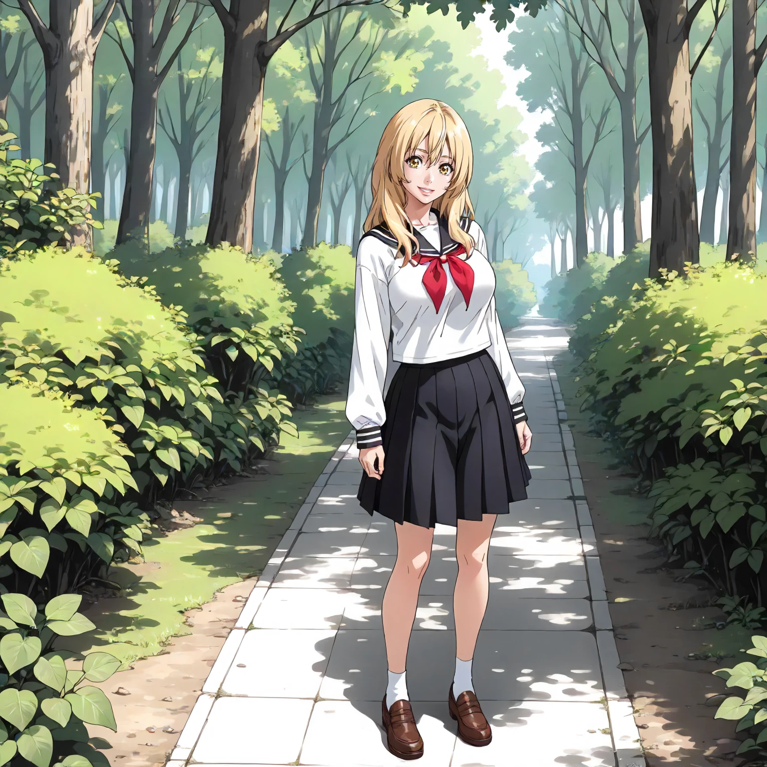 <lora:Us_EmaKaburagiXLpony001>,
outdoors,nature,
smile,parted lips,
solo,
EmaKaburagi,1girl,blonde hair,medium long hair,yellow eyes,
large breasts,
black sailor color,white shirt,long_sleeves,
pleated_skirt,black skirt,
full body,standing,