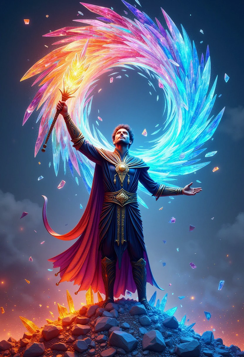 A male mage surrounded by a swirling storm of glass shards, each shard pulsating with a different vibrant color, as he levitates a glowing glass shard staff that controls the chaotic vortex, the shards cutting through the air with a piercing sound, creating a kaleidoscope of light around him.