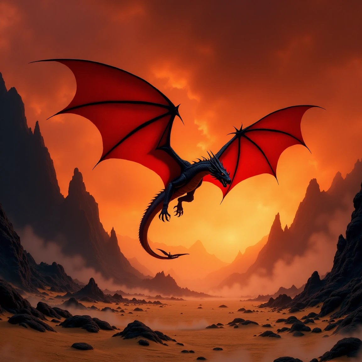 a bright red winged dragon is flying over a rocky sandy plain, there are distant black craggy mountains, there is a great amount of smoke in the air, the sky is a dark red, the scene is reminiscent of the elemental plane of fire from the world of 'Dungeons and Dragons', <lora:Elemental_Planes-Fire:1>