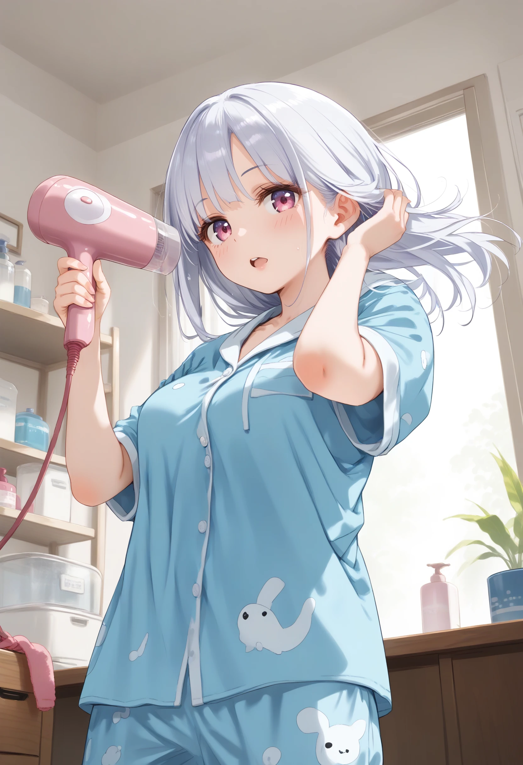 score_9, score_8_up, score_7_up, source_anime,
1girl,solo,medium breasts,
hair dryer,drying hair,pajamas, wet hair ,floating hair,wind, after bathing,hand in own hair ,indoors,<lora:hairdryer_Pony_v1:0.8>
from below, cinematic angle, looking at viewer, silver hair, pink eyes,giggling, open mouth, low ponytail hair,