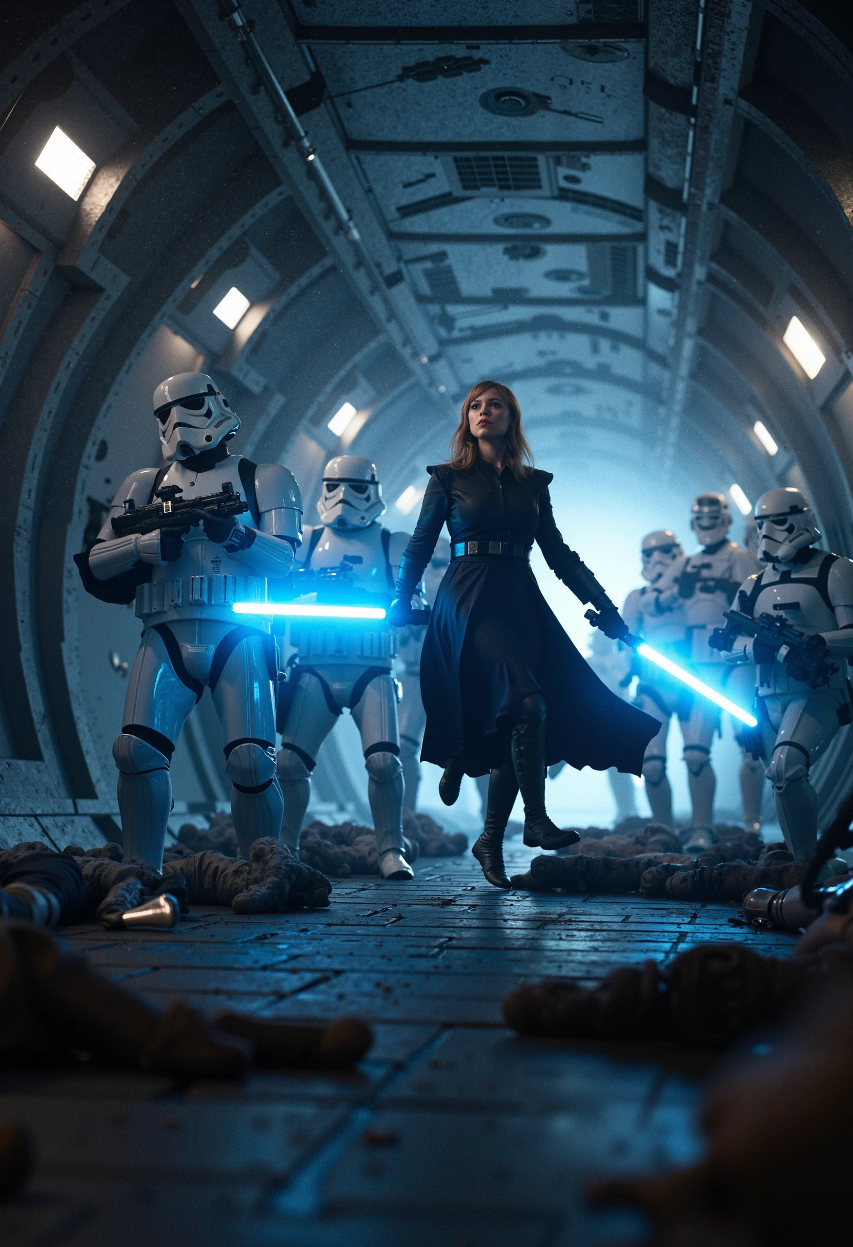 In a dimly lit, battle-scarred corridor of an Imperial starship, jennaortega, a fierce and determined Jedi Knight, stands at the center of the action. Her lightsaber, glowing a brilliant shade of blue, hums with energy as it deflects incoming blaster fire from a squad of stormtroopers.

The stormtroopers, clad in their iconic white armor, advance in tight formation, their blasters firing in a relentless barrage. jennaortega moves with a fluid grace, her Jedi robes flowing as she twists and turns, dodging shots and returning them with precise strikes of her saber. The corridor’s metallic walls reflect the flashes of light from the ongoing battle, casting shadows that dance with the movement of the combatants.

jennaortega’s expression is one of calm focus, her senses heightened by the Force. She uses her connection to the Force to anticipate the troopers' moves, sidestepping blaster bolts with ease. With a swift motion, she leaps into the air, her lightsaber spinning in a deadly arc, cutting through two stormtroopers in a single strike. She lands lightly on her feet, her saber held ready as she faces the remaining troopers.

Around her, the corridor is littered with the fallen bodies of stormtroopers, their once orderly ranks now in disarray. The sounds of battle echo through the ship—a mix of blaster fire, the hum of the lightsaber, and the distant alarms signaling the chaos jennaortega has brought to the heart of the Empire.

With a final push, she uses the Force to send a wave of energy down the corridor, knocking the remaining stormtroopers off their feet. She then charges forward, her lightsaber a blur of blue light, dispatching the last of her enemies with swift, precise strikes. As the last stormtrooper falls, jennaortega deactivates her saber, the corridor falling into a tense, quiet stillness. She stands victorious, breathing steadily, her gaze already focused on the next challenge that lies ahead.