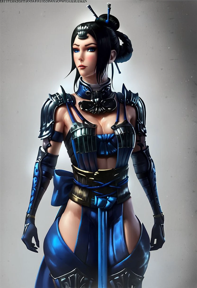 score_9, score_8_up, score_7_up, score_6_up, score_5_up, Kitana MKX, 1girl, solo, breasts, black hair, gloves, cleavage, medium breasts, elbow gloves, hair bun, armor, shoulder armor, hip vent, eyeshadow, hair ornament, fcNeg