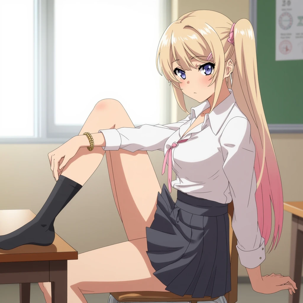 anime young woman skrjmamai with blonde hair with pink ends side ponytail unbuttoned blouse and tied in a knot above navel very short skirt chocker hoop earrings school uniform smug grin sitting on the chair with legs up on the table black socks school classroom