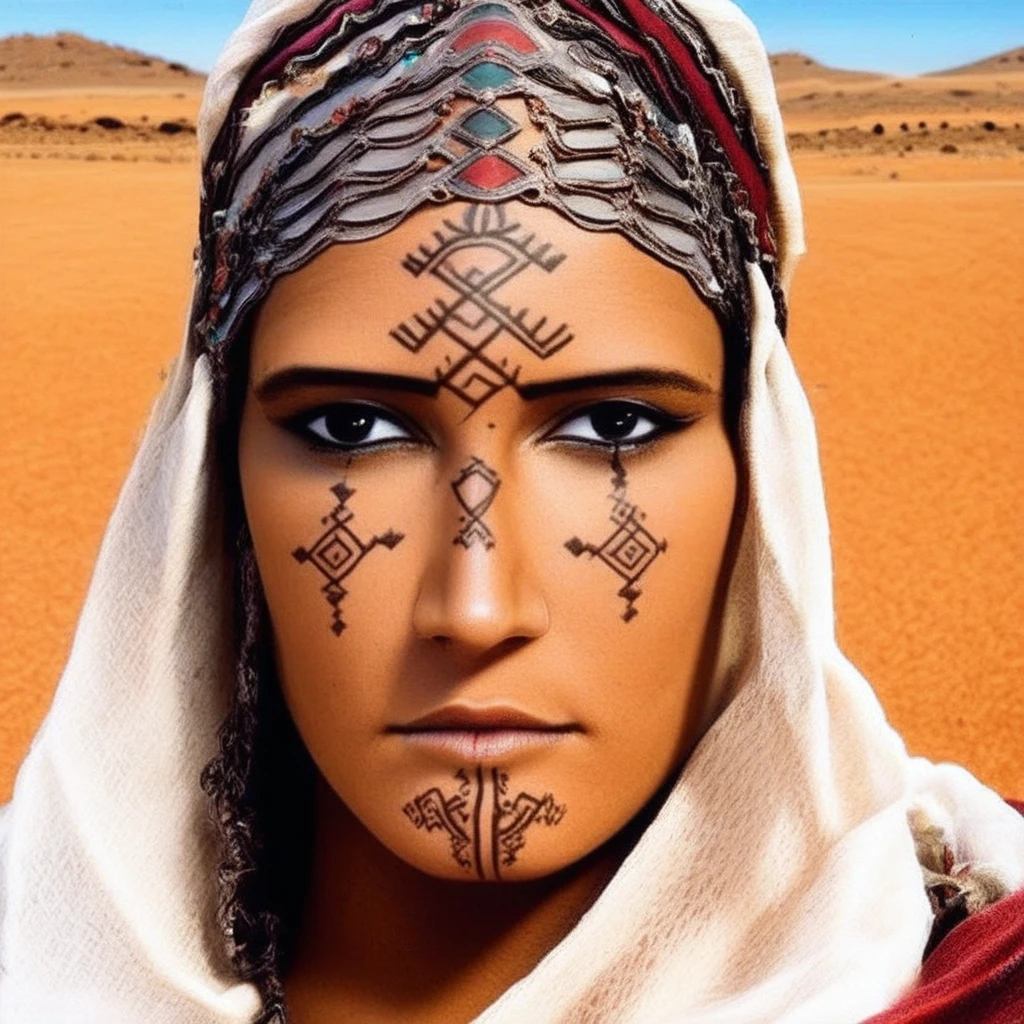 1girl, Amazigh tattoo, moroccan face tattoo, beautiful girl, desert, sea, highest quality, masterpiece illustration