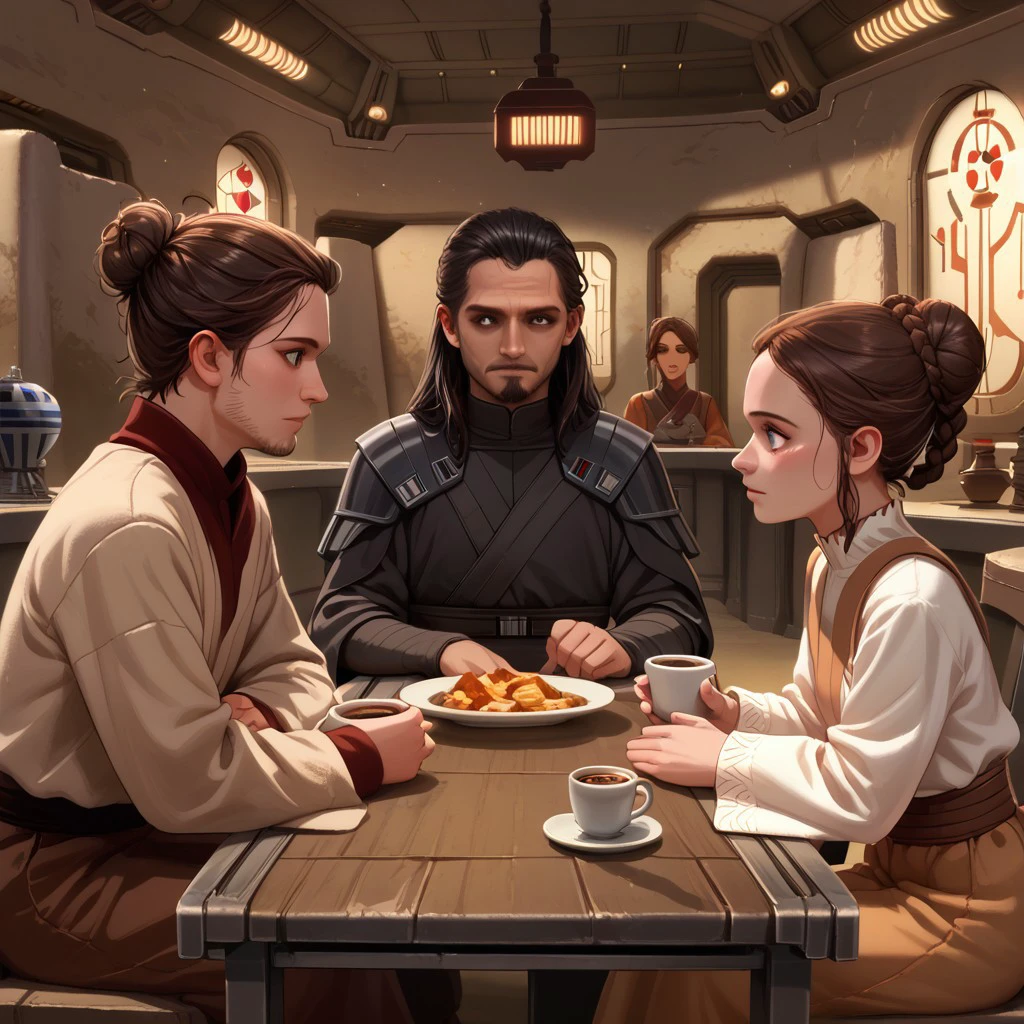 score_9, score_8_up, score_7_up, tatooine, homestead, star wars, table, multiple girls, multiple boys, sitting, cup, indoors, brown hair, hair bun, profile, 2girls, long hair, single hair bun, 3boys, chair, long sleeves, black hair, braid, 3girls, facial hair, looking at another