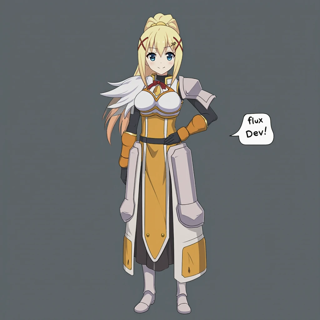 An anime girl standing. She says "Flux Dev!" with a white speech bubble.

An anime girl standing. darkness \(konosuba\), 1girl, solo, long hair, breasts, looking at viewer, smile, blue eyes, blonde hair, hair ornament, gloves, standing, full body, ponytail, boots, black gloves, grey background, armor, hand on own hip, x hair ornament, shoulder armor, pauldrons, armored dress