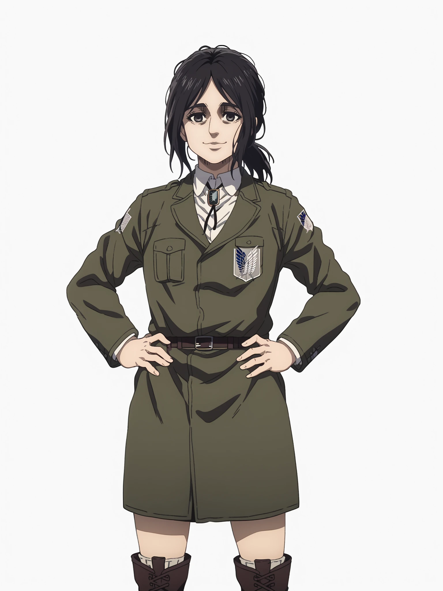 score_9, score_8_up, score_7_up, anime screencap, BREAK
1girl, pieck, pieckjaegerist, black hair, ponytail, black eyes, brooch, military uniform, green long coat, survey corps \(emblem\), knee boots,
hands on hips, standing, smile, looking at viewer, solo, simple background, white background <lora:Pieck_byKonan:1>