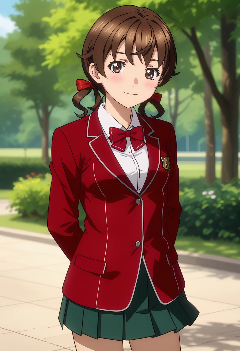 score_7_up, anime screencap,
<lora:GuiltyCrown_MenjouHareXL:0.9>,
1girl, solo, closed mouth, light smile, blush,
low twintails, medium hair, brown hair, brown eyes, hair bow, red bow,
MenjouHare, blazer, red jacket, white shirt, red bowtie, long sleeves, pleated skirt, green skirt,
standing, looking at viewer, cowboy shot,
blurry background, outdoors, tree, school