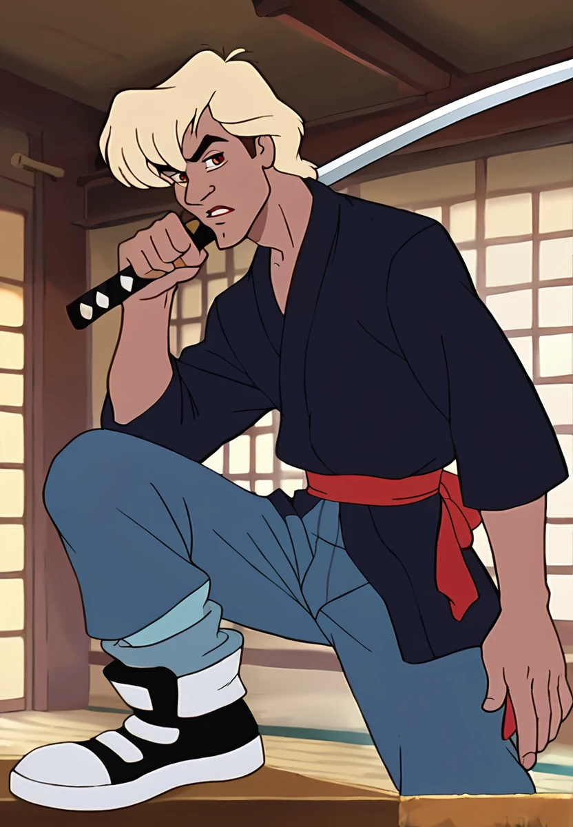 score_9, score_8_up, score_7_up, score_6_up,  animation, retro artstyle, disney style, <lora:Zak_pxl_V0.0-000050:0.8> z9k, 1boy, a serious looking boy is holding a katana in a dojo. he is wearing a (black kimono) with a red belt and white sneakers.  
location: japanese gym, indoors, watercolor background, lightskinned
artistic composition
<lora:Boondocks Pony:0.7>