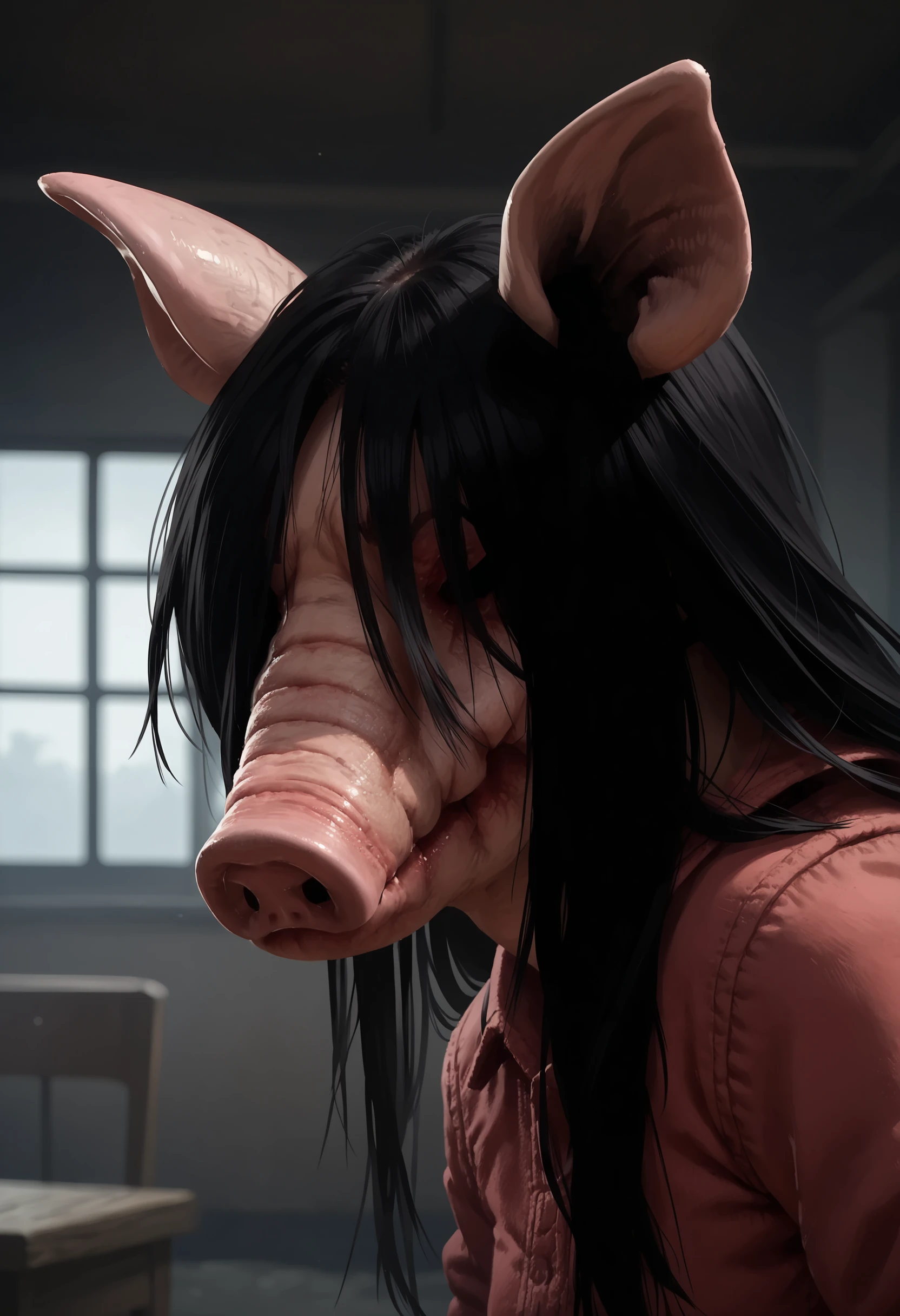 score_9, score_8_up, score_7_up, score_6_up, score_5_up, score_4_up,  1girl, <lora:ThePigDBD:0.8> animal ears, snout, pig snout, long hair, black hair,  eyeless, close up, face focus, scary face, from side, 
dark factory background, indoors, blurry background