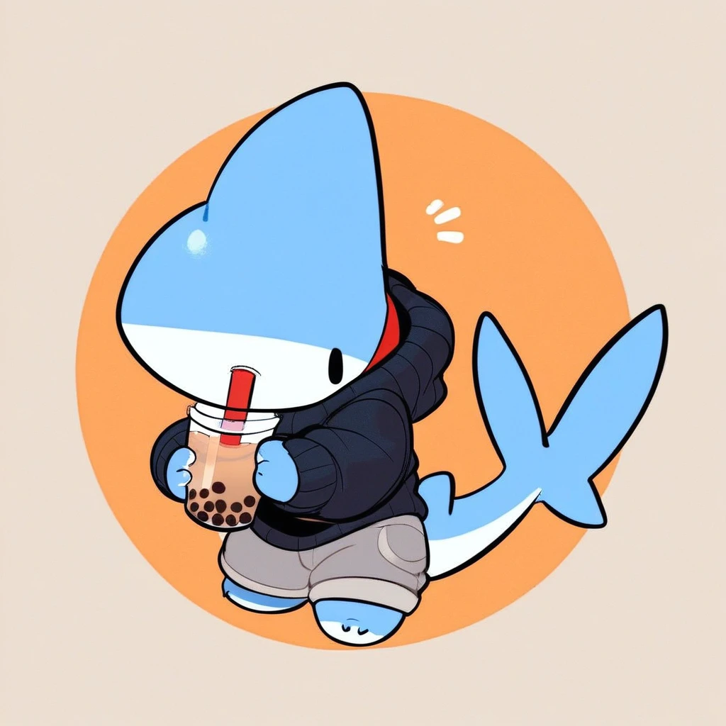 score_9_up, score_8_up, score_7_up, chibi, shark, chbi chark, solo, holding, bubble tea, black sweater, gray shorts, blue body