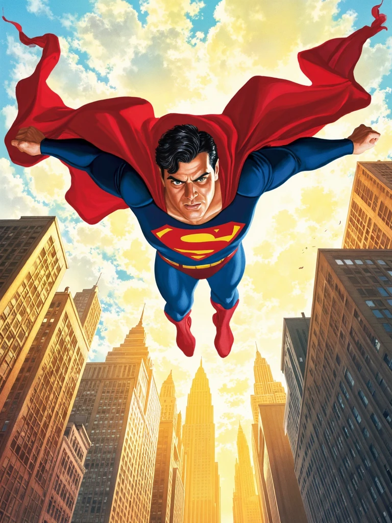 alexross style, vintage comicbook illustration, the main subject is superman flying on high speed directly through skyscrapers,  sunlight striking htrough clouds, motion blur colored in superman costume colors<lora:sxz-Alex-Ross-Flux:1>