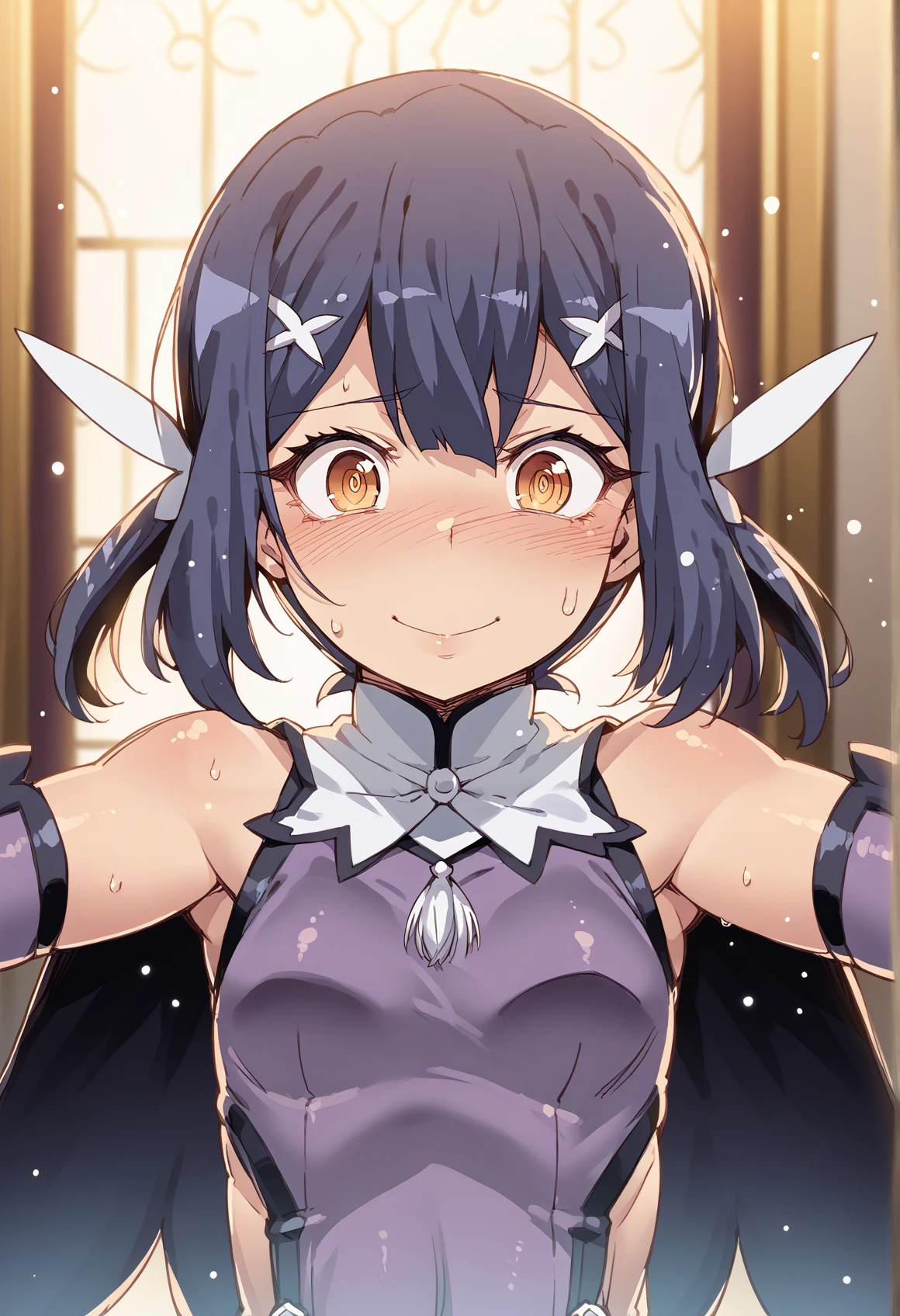 1girl, medium hair, yellow eyes, x hair ornament, low twintails, feathers, magical girl, leotard, waist cape, detached sleeves, 1girl, head out of frame, close-up, reaching towards viewer, surprised, blush, nervous smile, nervous, sweat, incoming kiss, indoors, mansion <lora:Miyu_XL:1>  <lora:tasaka_shinnosuke_cyocyo_2:1>, score_9, score_8_up, score_7_up, score_6_up, score_5_up, score_4_up, BREAK source_anime, masterpiece