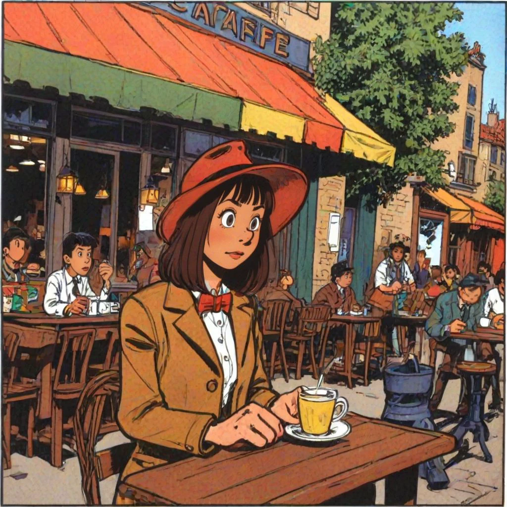 girl, cafe, outdoor <lora:GilJordan:1> comic book stye