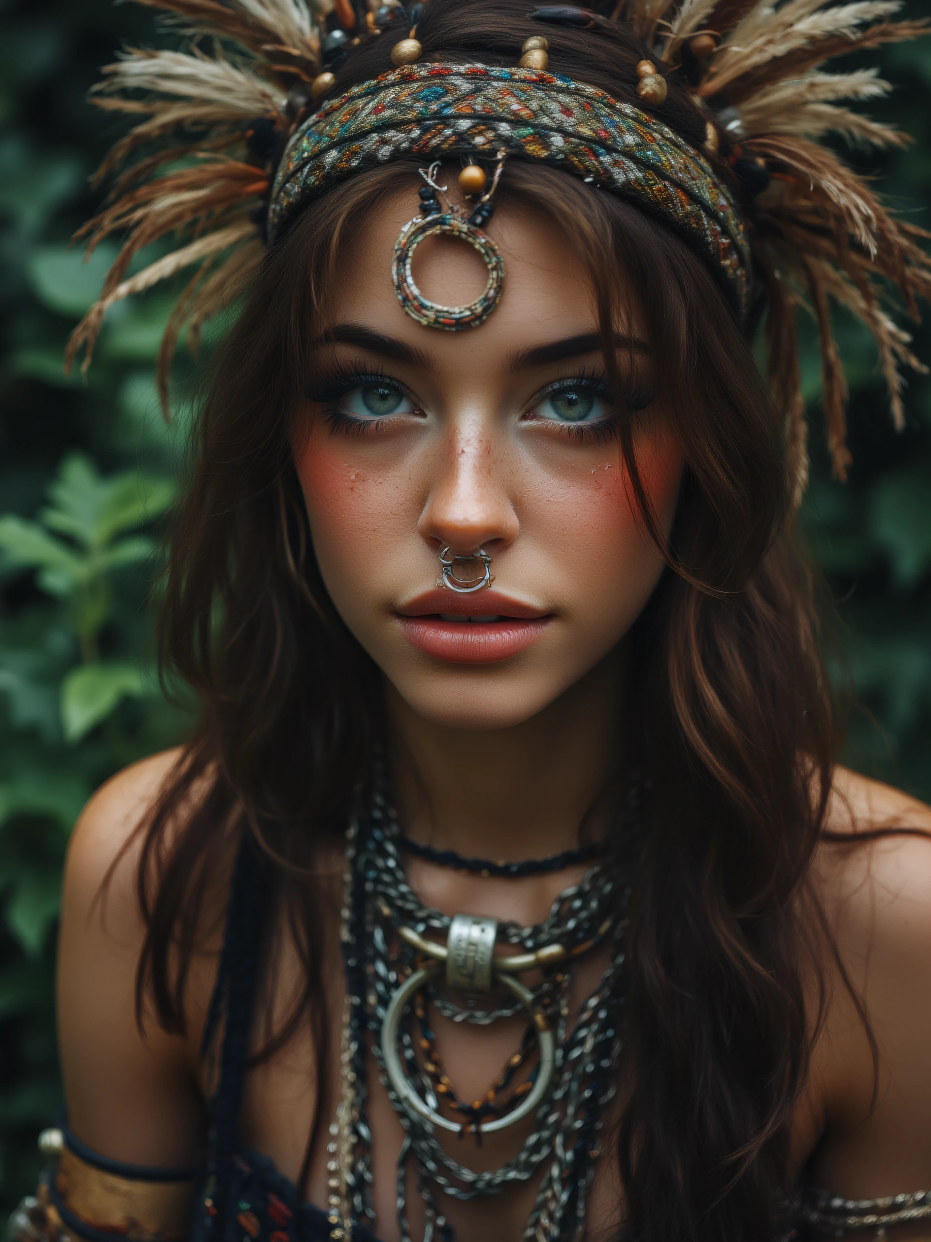 hnnhw woman adorned as a native American tribal priestess. her skin is tan. her nose is pierced with a large nose ring. the background is a bokah of an American forest.