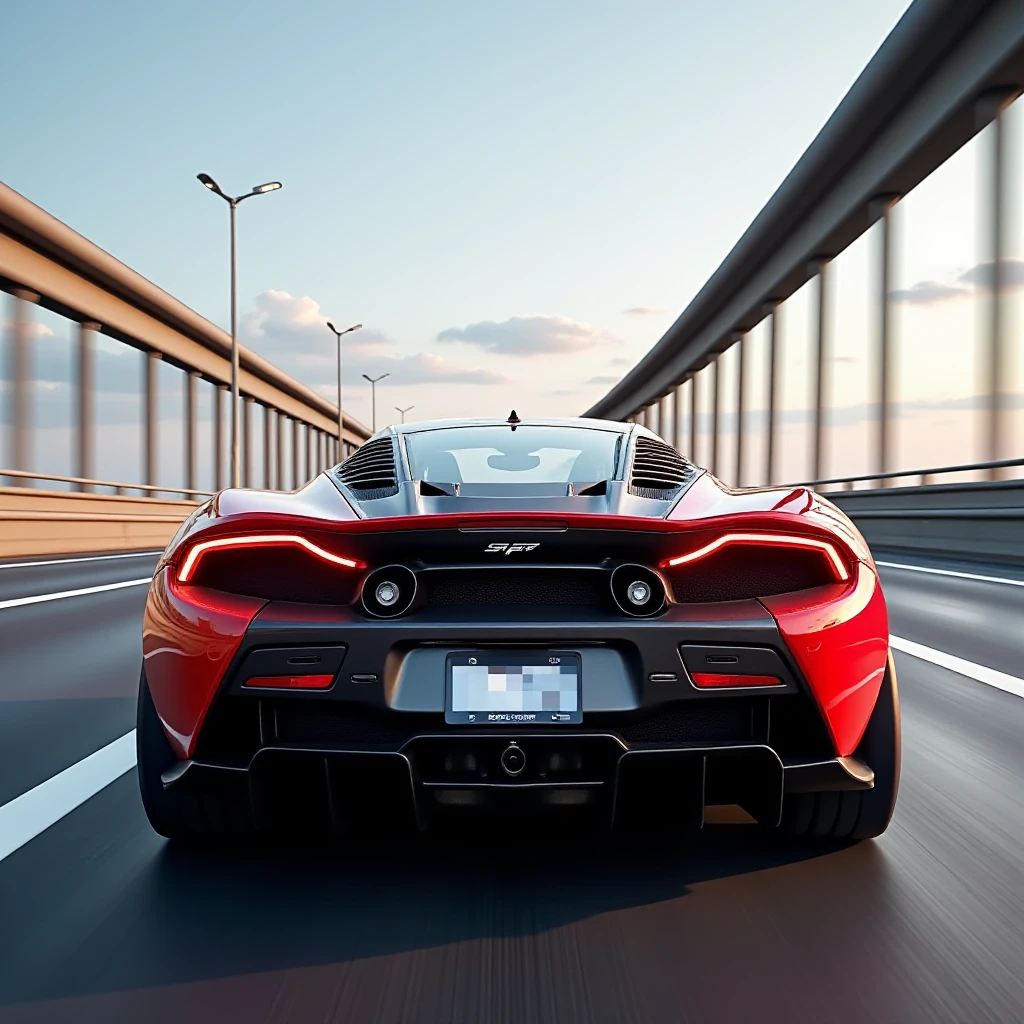 A sports car from behind speeding down a high way with licence plate. Censored licence plate.